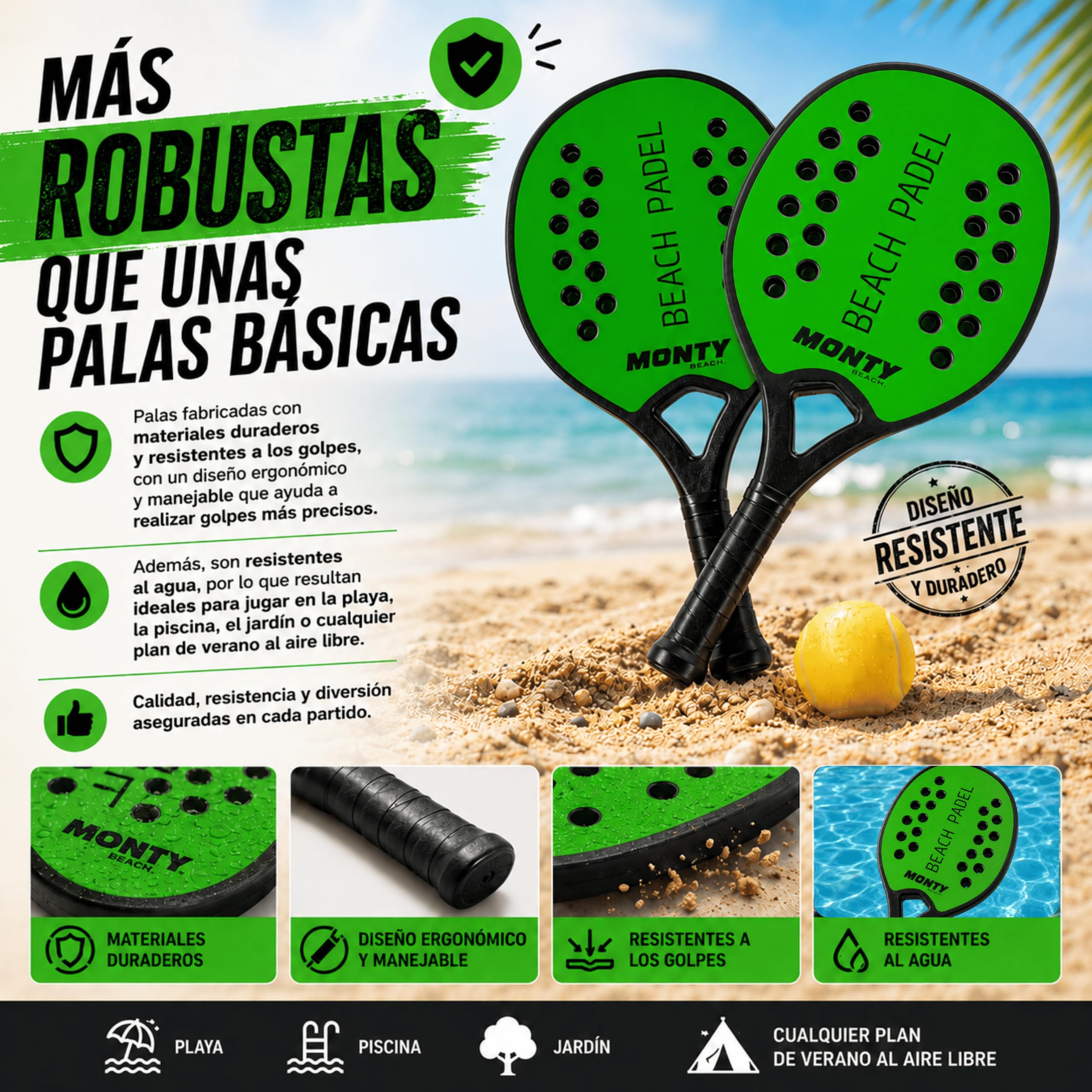 MUNTRADE Set de 2 Palas Beach Padel con Pelota Blanda Incluida | Raquetas Verdes de Playa Resistentes al Agua | Palas Beach Tennis para Niños y Adultos | Juego Exterior para Playa, Piscina y Jardín