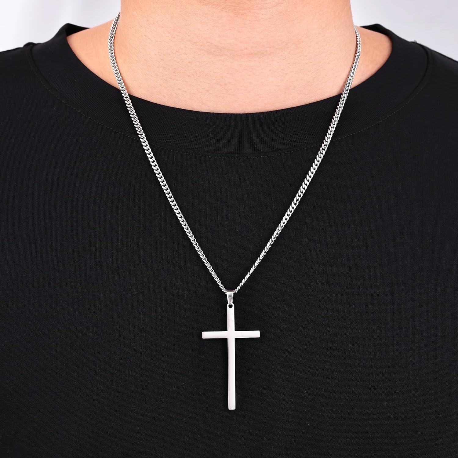 Fiusem Cross Necklace for Men, Silver Tone/Black/14K Gold Plated Mens Cross Necklaces with 3.5mm Chain and Stainless Pendant, Cuban Chain 16-24 Inches - Image 3