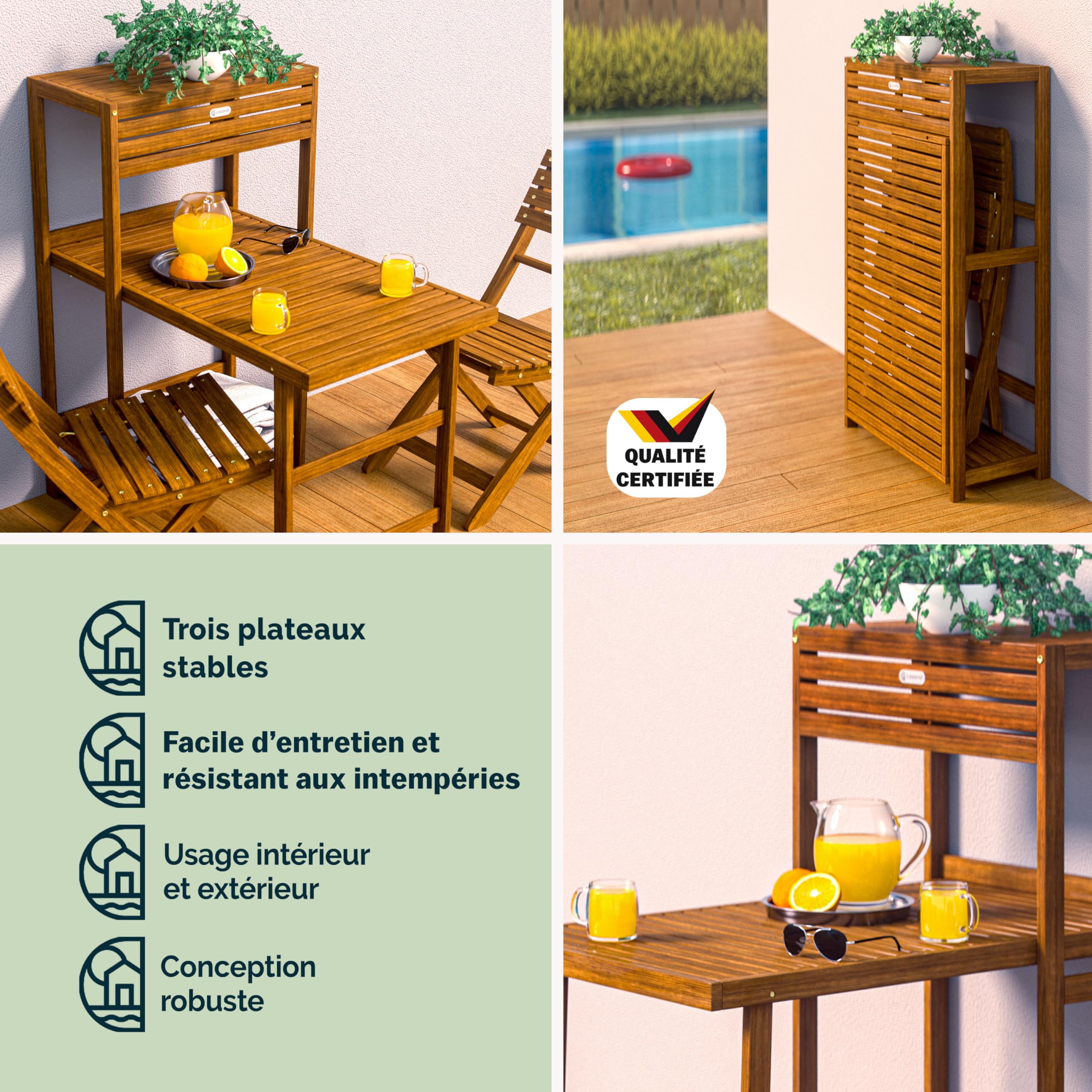 Casaria® Set de Balcon 2 Personnes 3pcs en Bois d'acacia FSC® 94x61x117cm 1 Table 2 chaises unité de Rangement extérieur
