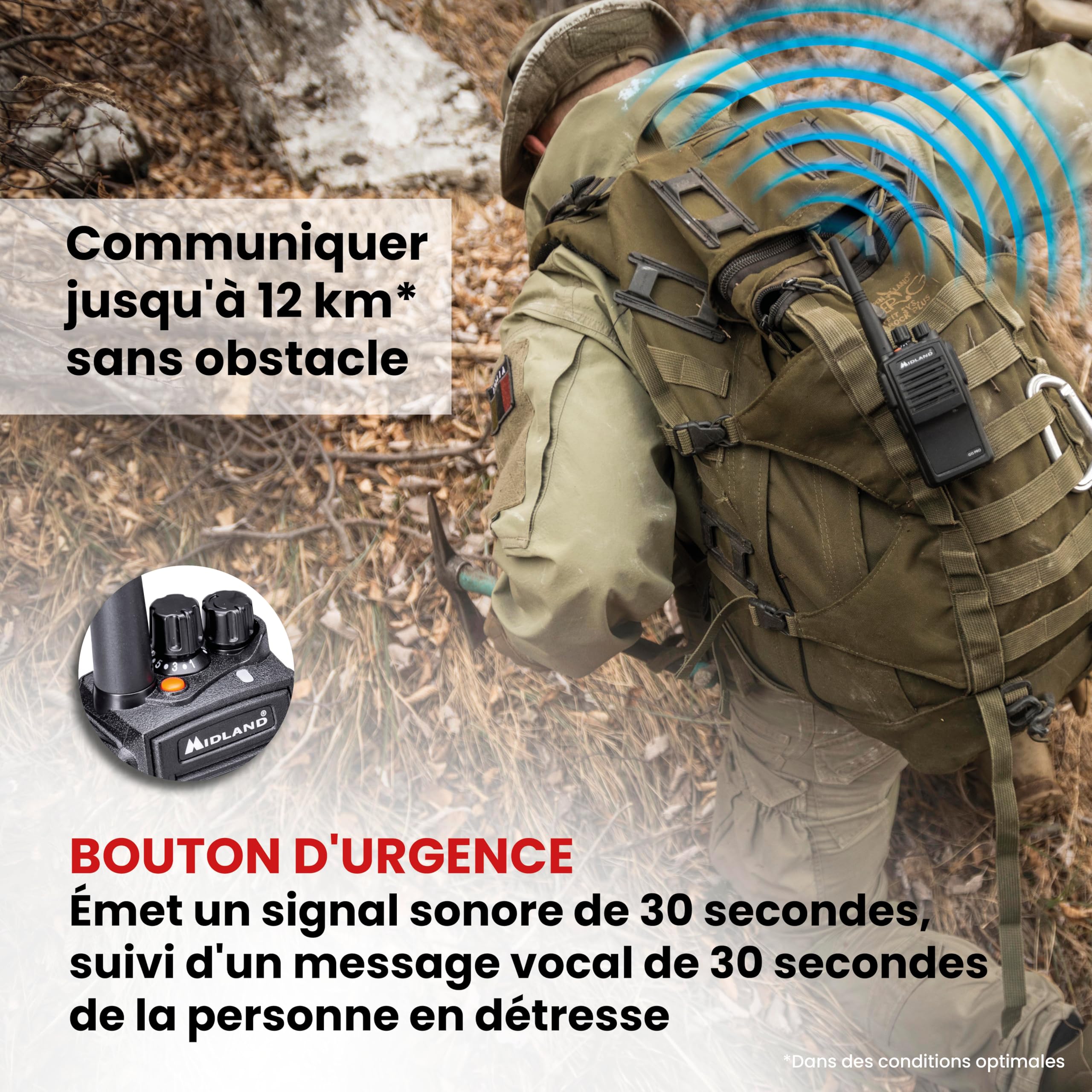 Midland G15 Pro Noise Cancelling C1127.04 - Talkie Walkie PMR 446, Fonction réduction de Bruit, IP67, 32 Canaux, Autonomie 22H, Portée Max de 12km