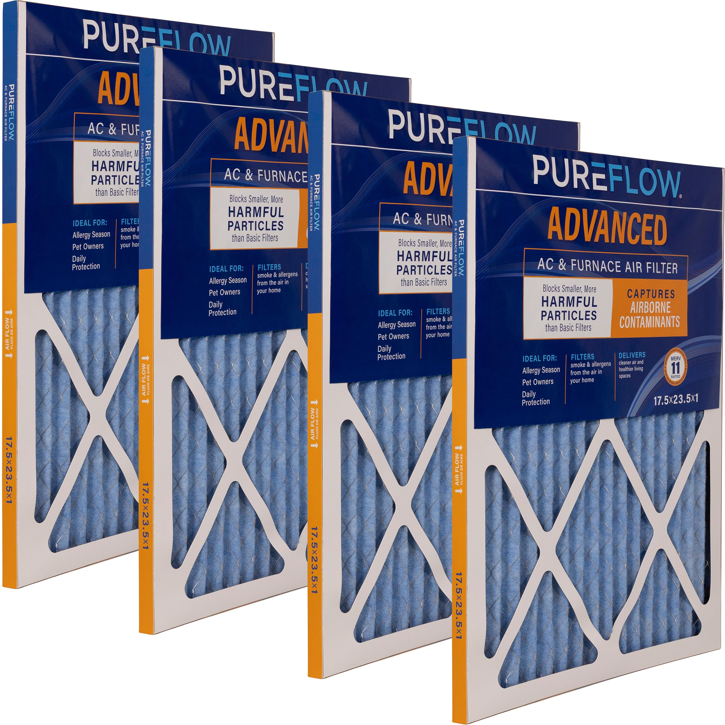 PUREFLOW Home Air Filter MERV 11, 17.5x23.5x1 Furnace Filter, 4 Layer High Efficiency Filtration for Dust, Smoke, Fumes, Pollutants (4-Pack)