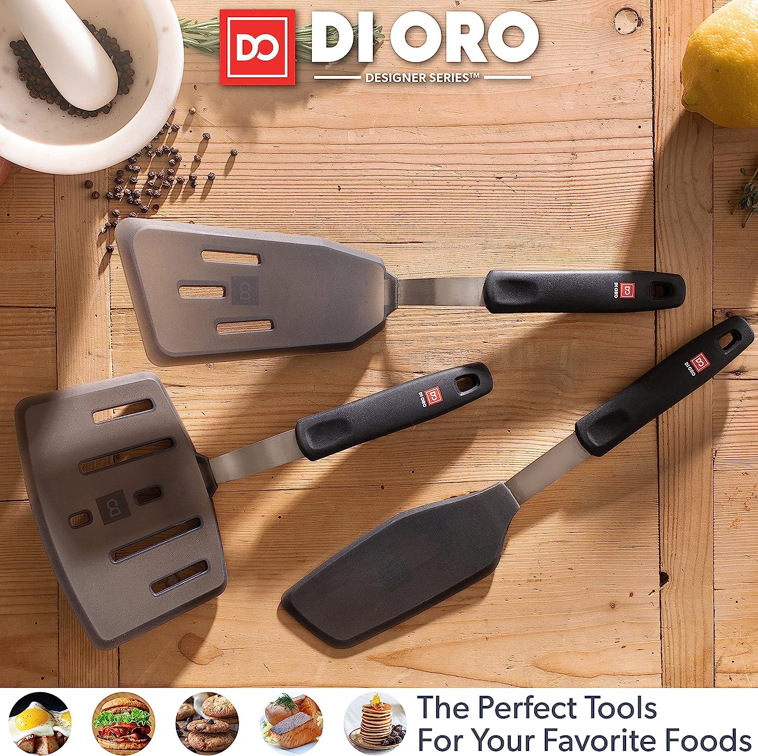 DI ORO - Juego de espátulas de silicona para utensilios de cocina antiadherentes, resistentes al calor y sin BPA, aletas flexibles y finas para girar huevos y panqueques (6 piezas, negro)