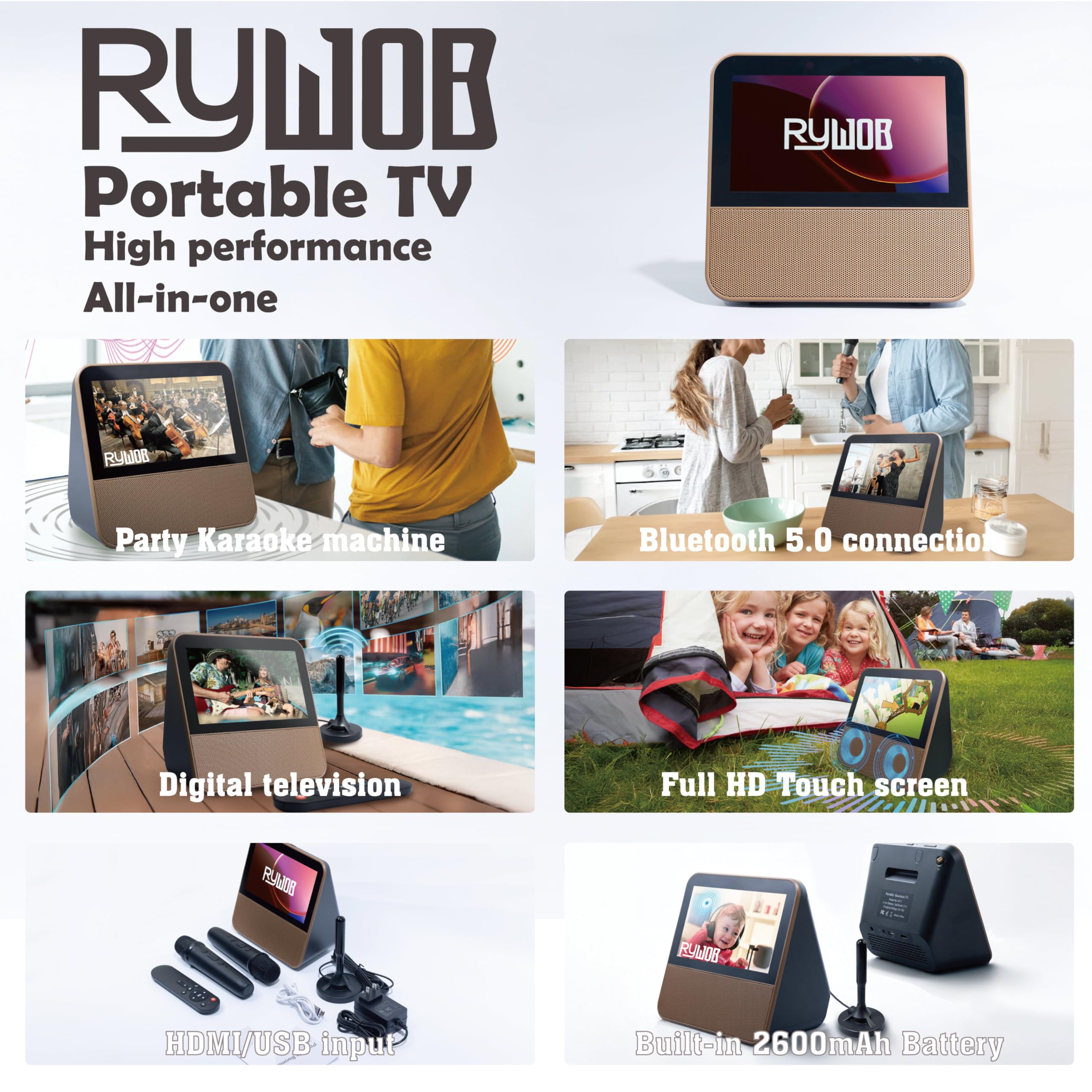 Piccola TV da 7 pollici con touch screen 1080P, macchina per karaoke Bluetooth | Batteria ricaricabile incorporata,Supporto ingresso USB/HDMI,Mini TV portatile con telecomando
