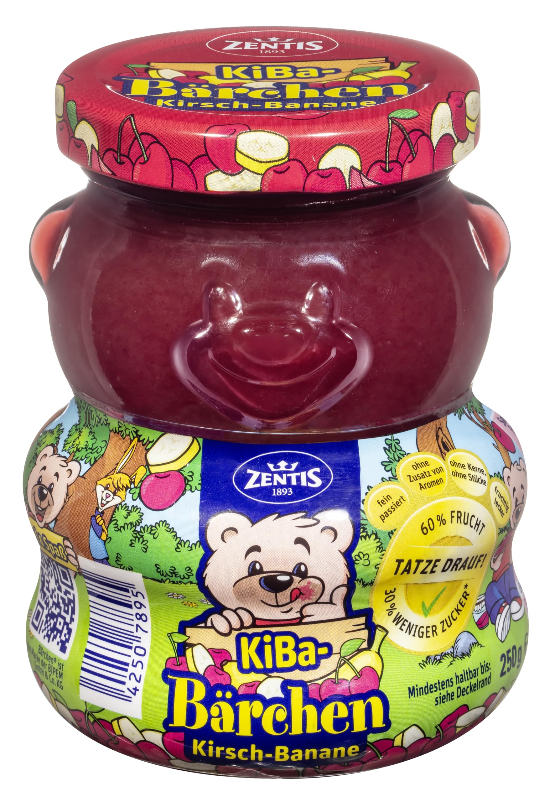 Zentis Bärchen KiBa-Bärchen Kirsch-Banane – 250 g Glas zuckerreduzierter und passierter Fruchtaufstrich aus Kirschen und Bananen im süßen Bärchenglas