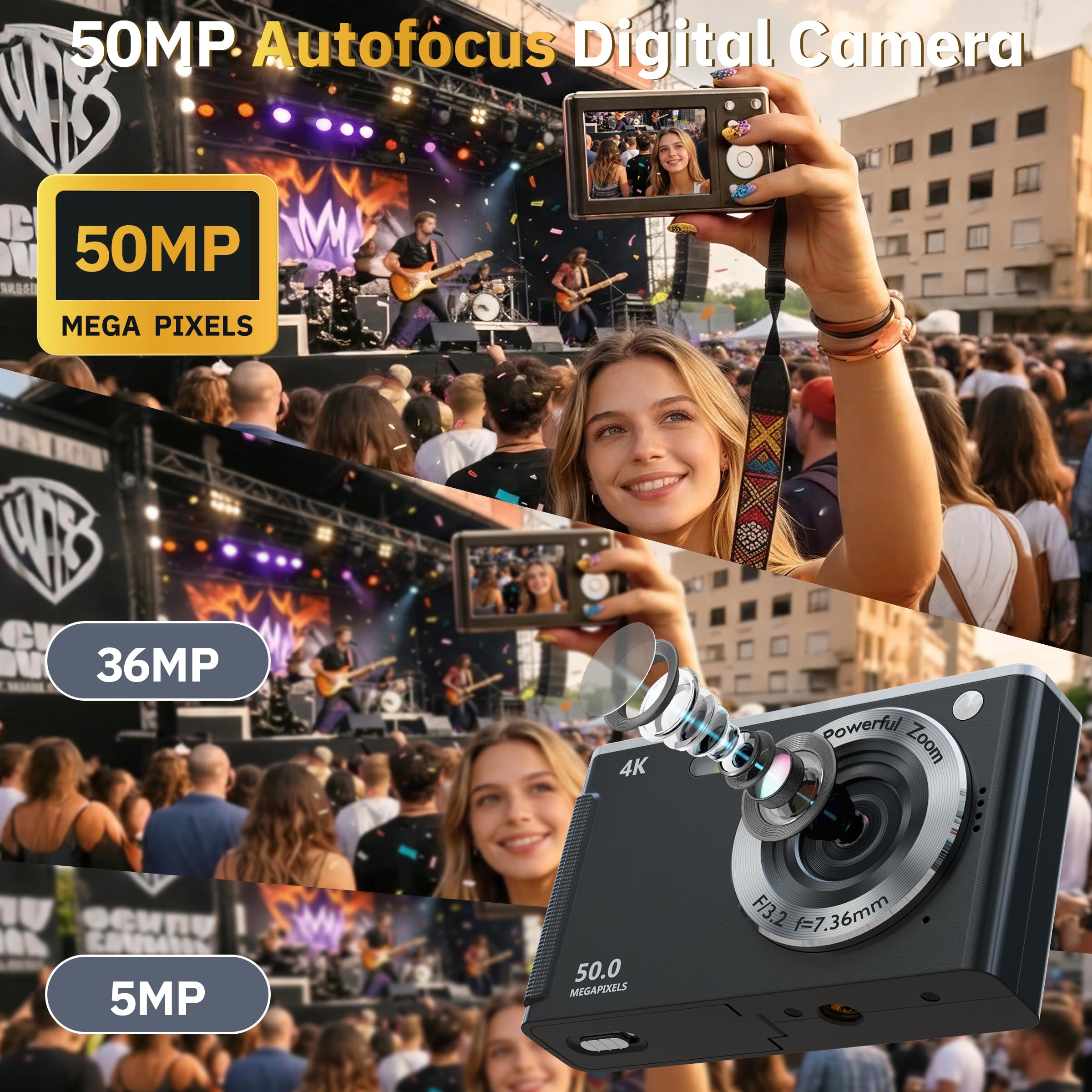 Fotocamera digitale 4K per fotografia autofocus, zoom 16x, fotocamera digitale compatta portatile da 50 MP, fotocamera compatta da viaggio per principianti con scheda da 32 GB, 2 batterie, colore nero