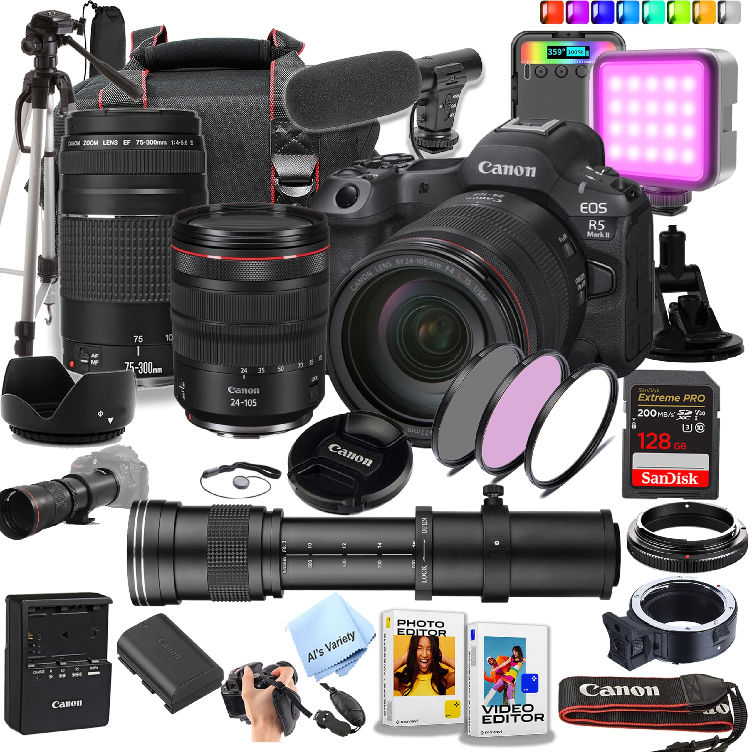 Canon EOS R5 Mark II Full-Frame Mirrorless Camera with 24-105mm USM & 75-300mm Lenses + 420-800mm Lens + 128GB Extreme Card + Case + Mic + RGB Light + Tripod + More (Content Creator Bundle) (Renewed)