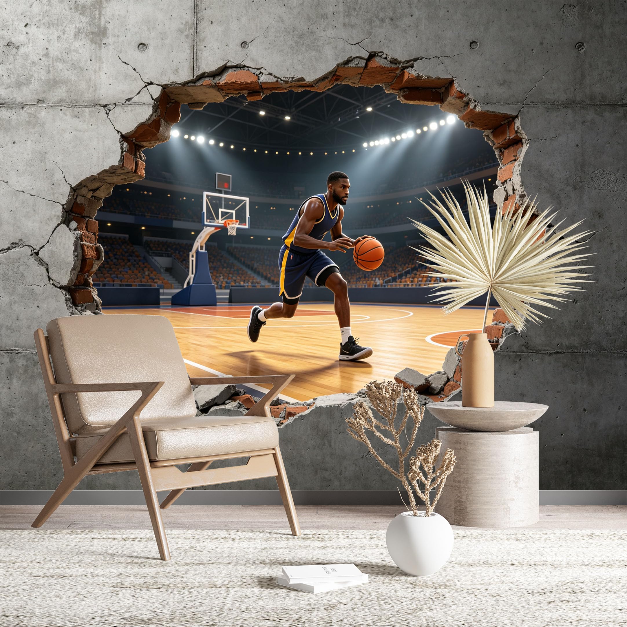 Custom Size Wall Murals Basketball Player Through Broken Wall Wall Murals Sports Wallpaper HD Self-Adhesive Removable Wallpaper for Living Room Bedroom