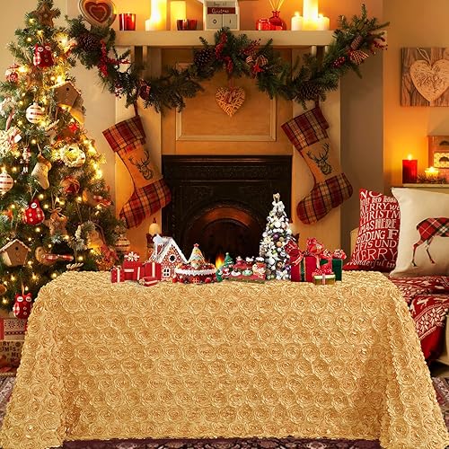Miniatura 9 de Fanqisi Mantel rectangular de satén floral 3D de 90 x 132 pulgadas, manteles de roseta dorada para bodas, fiestas, baby shower, comedor, decoración
