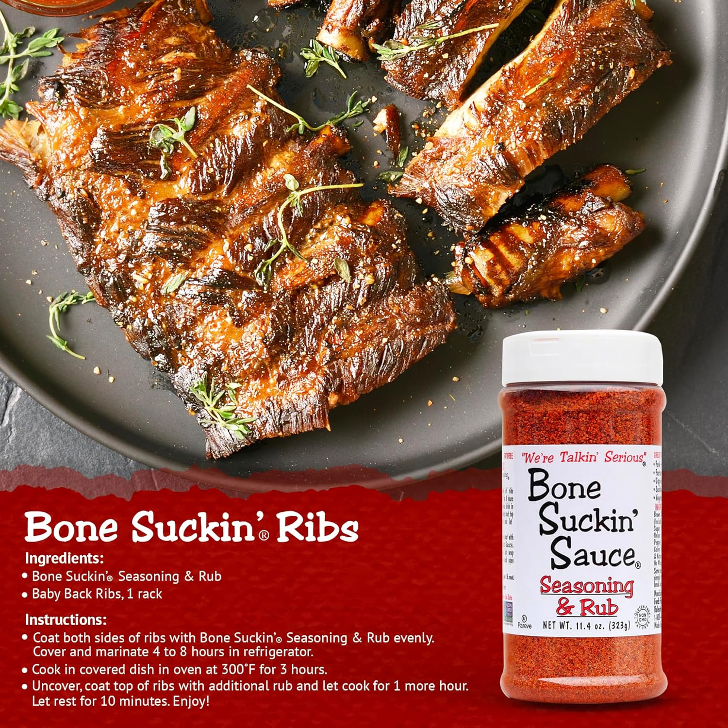 Bone Suckin' Seasoning & Rub, Original Blend, Grilling Rubs, Dry Pork Rub, Gluten-Free, Non-GMO, Kosher, Great on Ribs, Pork, Beef, Chicken, Seafood, Pasta, Vegetables, Even Popcorn and No Msg