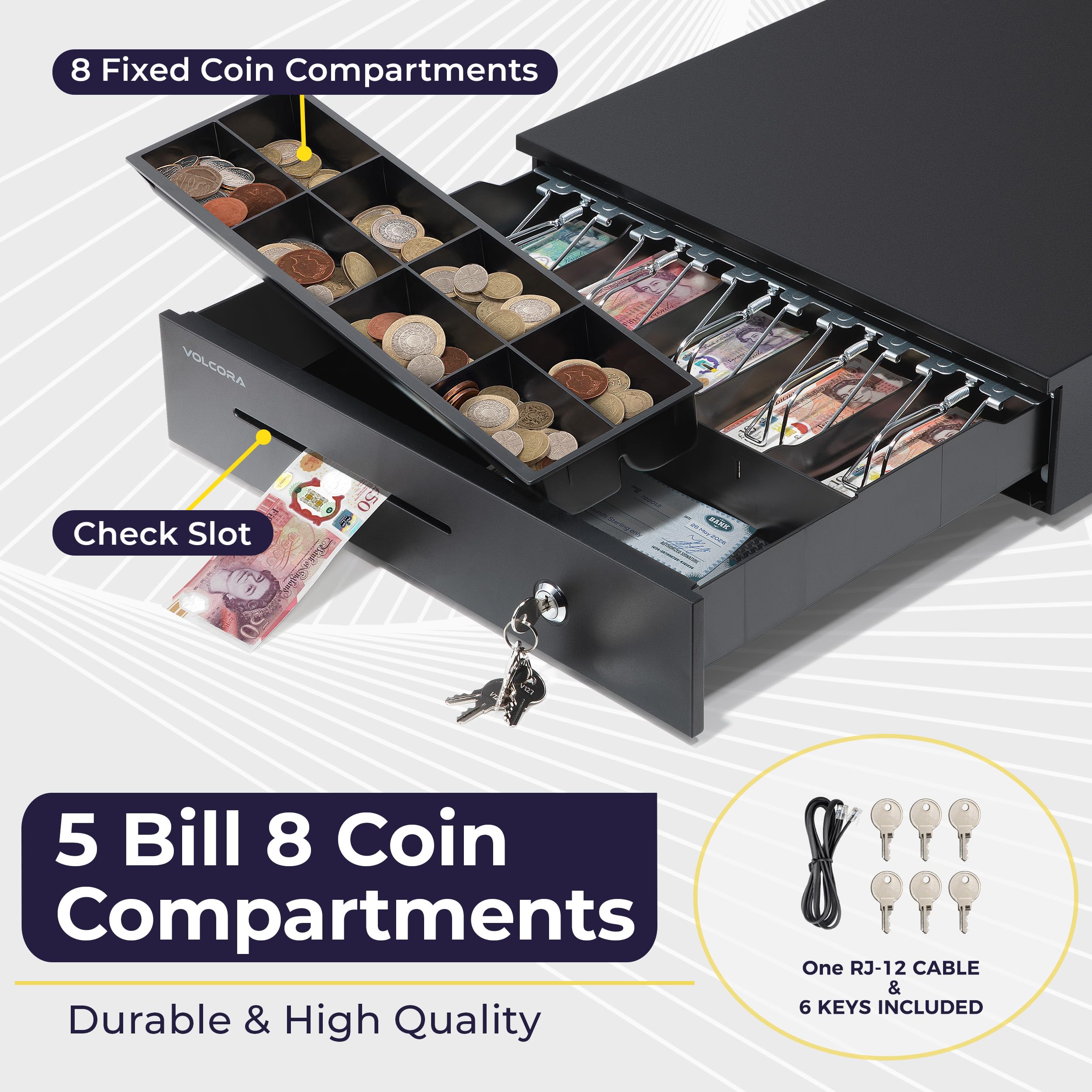 Volcora Cajón electrónico de caja registradora para sistema de punto de venta (POS), 5 billetes/8 monedas, 16 pulgadas con ranuras ajustables para monedas, 12-24 V, cerradura de llave RJ11/RJ12