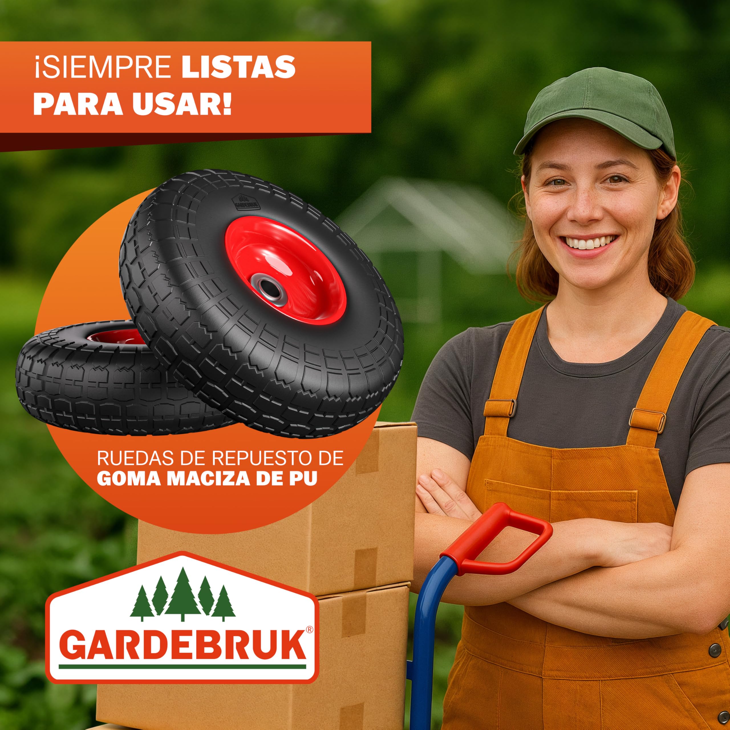 GARDEBRUK® Ruedas de Carretilla Set de 2 Goma Maciza PU Antipinchazos Repuesto Neumático Eje 20 mm Llanta Acero Recambio Capacidad Carga hasta 200 Kg