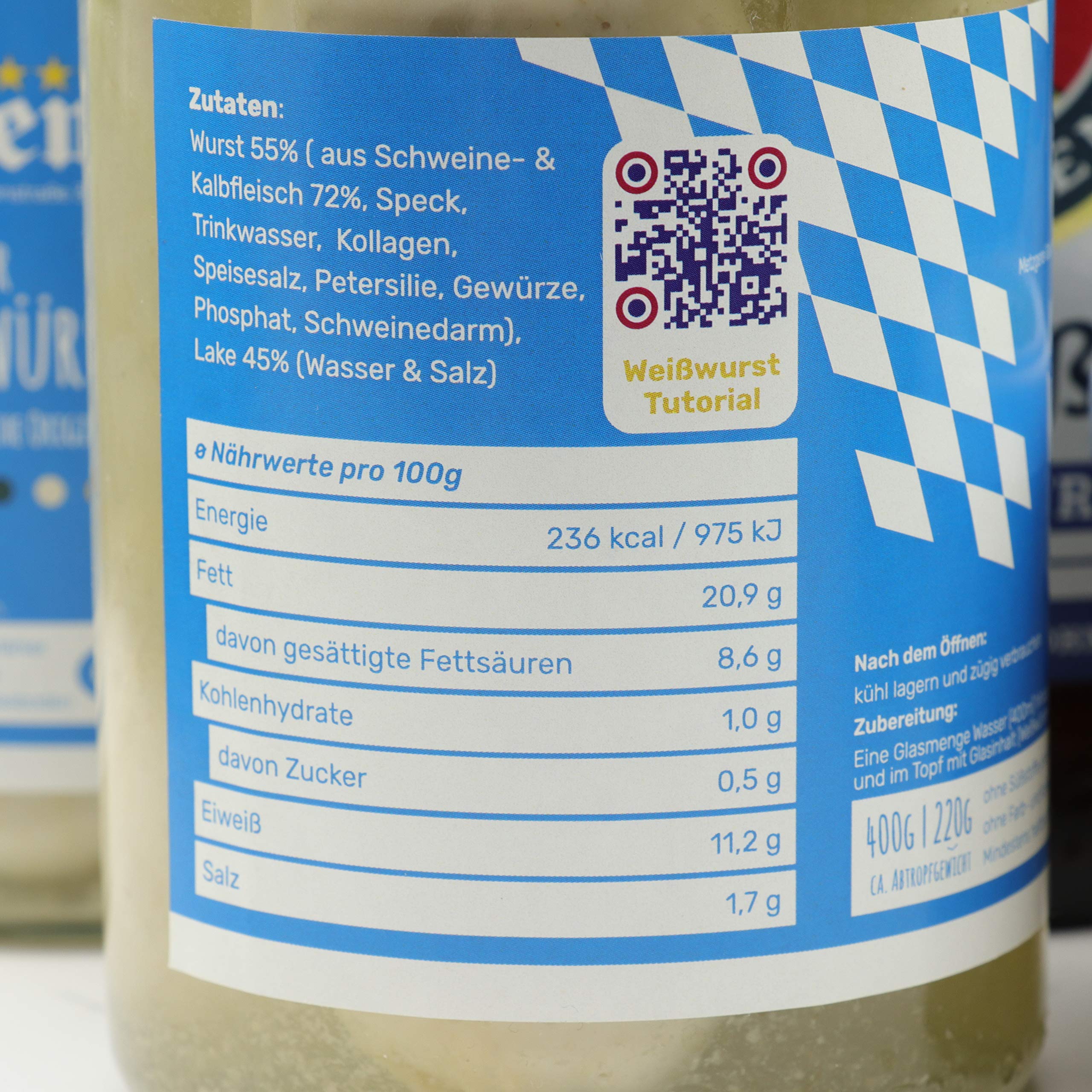 Digitales Weißwurst Frühstück - 2 x Weißwurst im Glas - à 220g Abtropfgewicht, 1 x Süßer, Würziger Weißwurst Senf. 2x Alkoholfreies Weißbier - Paulaner, 2x Weißbier Paulaner, 2x Weißbierglas