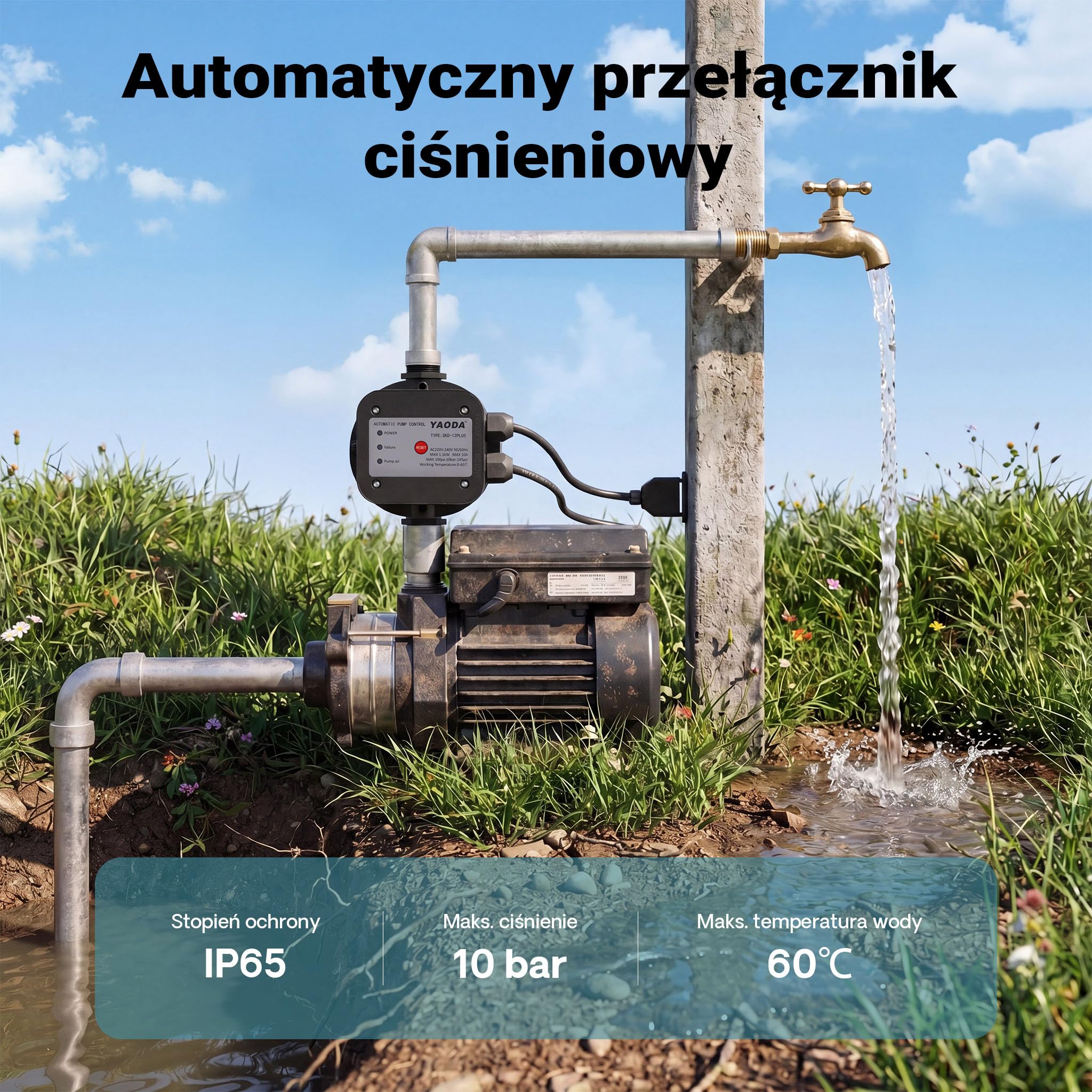Wiltec Wyłącznik ciśnieniowy do hydroforu EPC-5 230 V 1-fazowy do 10 bar, z 2 kablami, regulator ciśnienia z zabezpieczeniem przed suchobiegiem