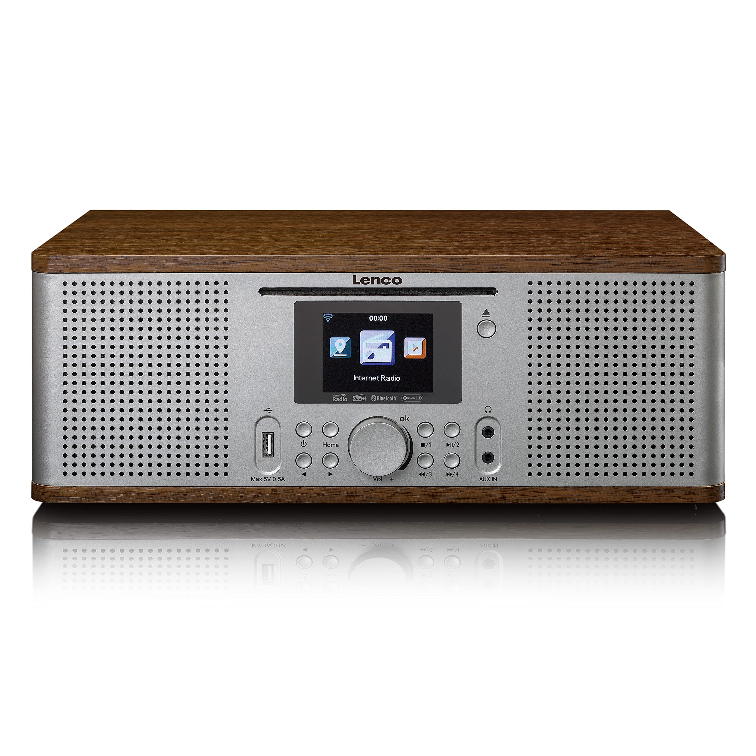 Lenco DIR-270 Radio Internet, DAB+, lecteur CD/MP3, Bluetooth, Spotify Connect, Wi-Fi, écran couleur 2,8", AUX, fonction réveil, 2 x 10 W RMS et télécommande, Bois/argenté