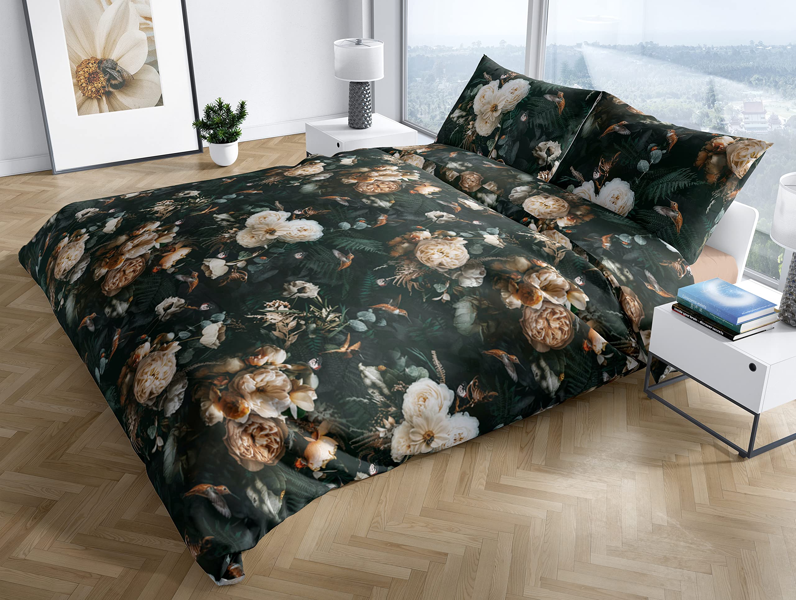 Bettwaesche-mit-Stil Mako Satin Bettwäsche Floral Romantic anthrazit (Garnitur 155x200 + 80x80 cm) Küche, Haushalt & Wohnen