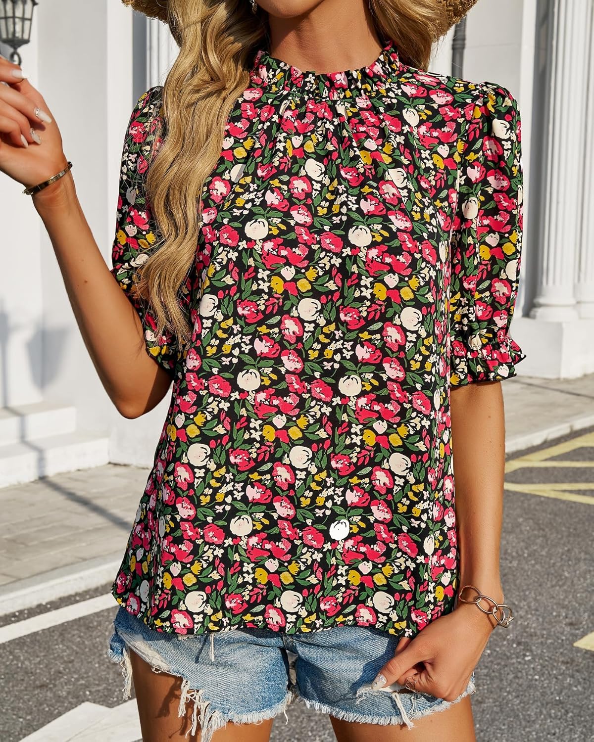 BTFBM Womens Tops 2026 Dressy Casual Blouses Summer Spring Clothes Mock Neck Short Sleeve Shirts Business Work Fall Outfits - Image 3