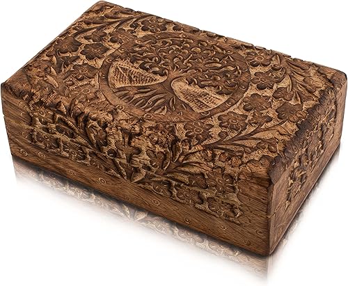 Miniatura 8 de Gran regalo de cumpleaños, caja de joyería decorativa de madera hecha a mano, organizador de joyas tallado en árbol de la vida, caja de recuerdos,