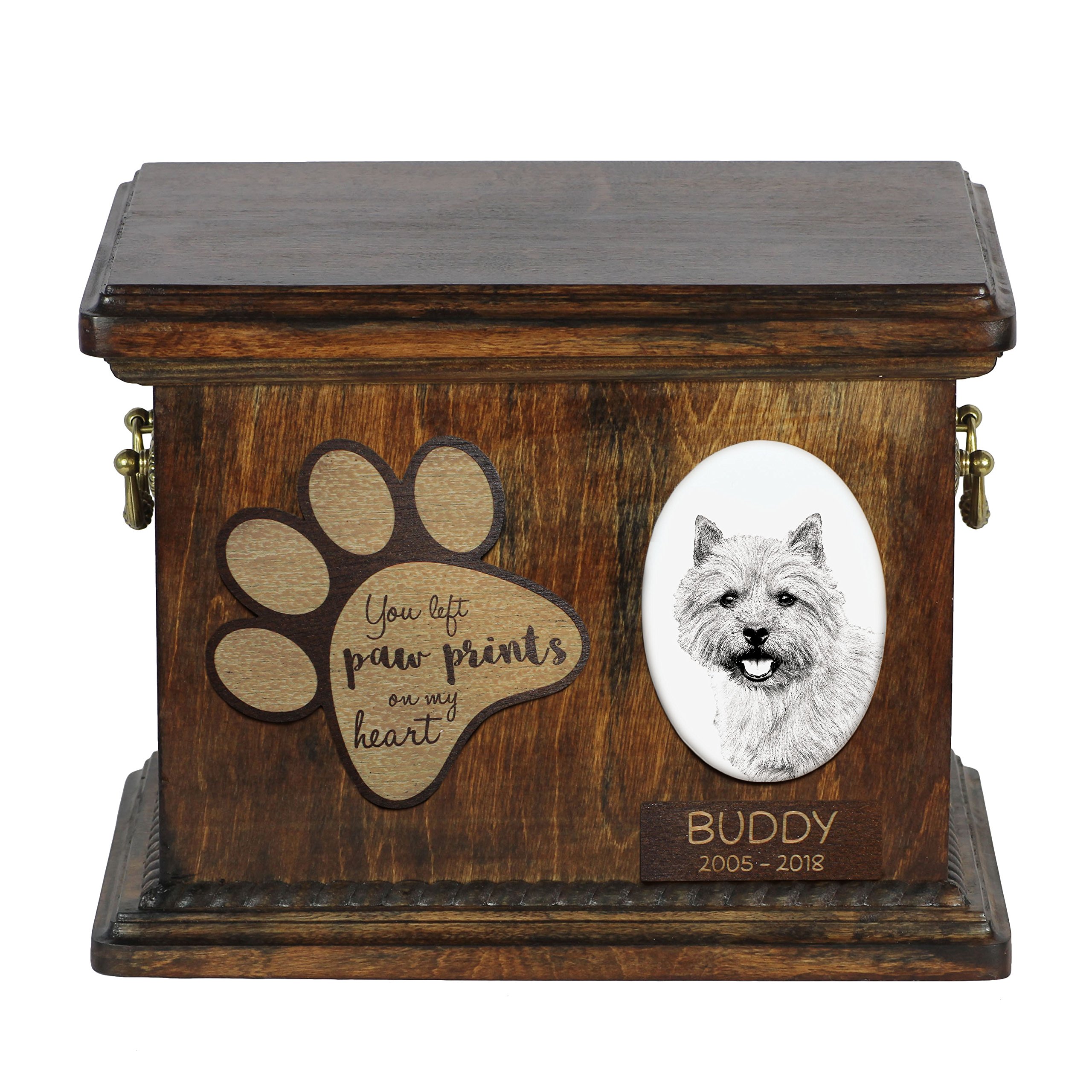 Art-Dog Custom Dog Memorial Urn - Handmade Cold Cast Bronze Portrait on Birch Base with Personalized Ceramic Plate - Elegant Dog Cremation Box – 8,3x11,4x8,7” – Norwich Terrier — image 1