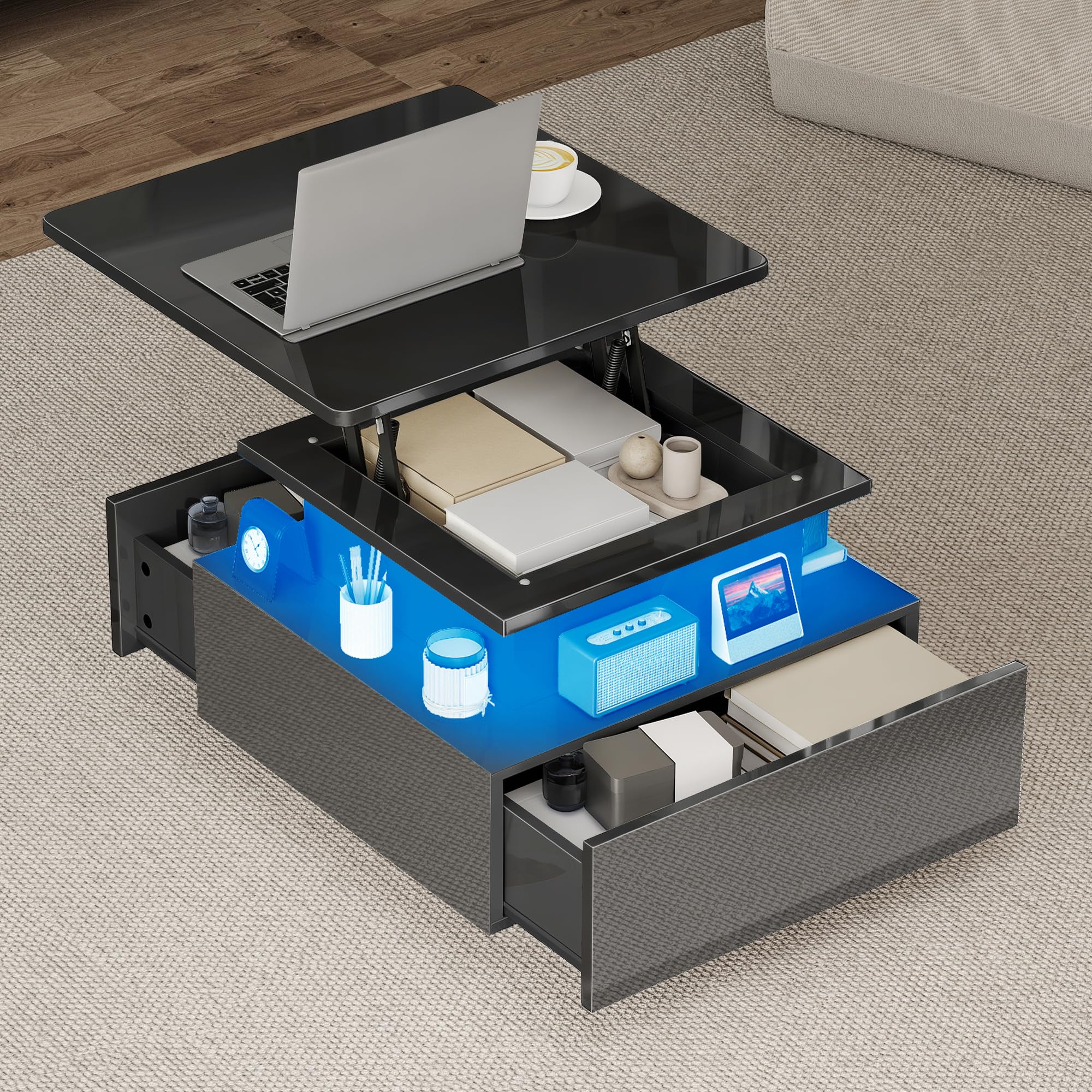 DWVO Couchtisch mit LED, höhenverstellbar, modern schwarz hochglänzend, mit Stauraum & Schubladen für Wohnzimmer, 60x60x45-58 cm
