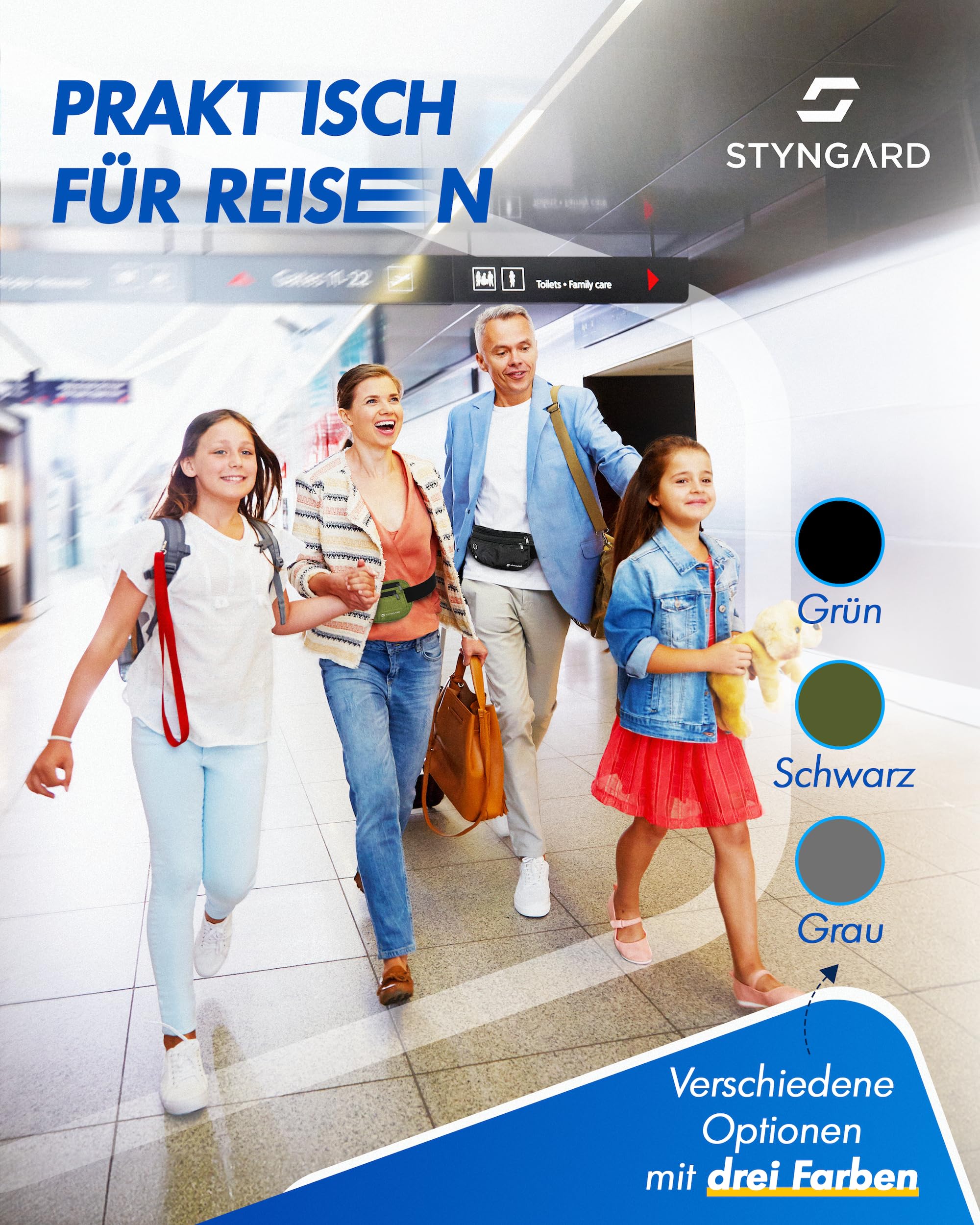 Flache Bauchtasche diebstahlsicher RFID Schutz - Geldgürtel zum Umhängen - Reise Bauchtasche mit Diebstahlschutz - Brustbeutel Damen und Herren Sport - STYNGARD - Modell Madrid