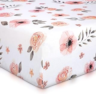 Tyke Bliss Pink Floral Girl Crib Sheet - 100% Finely Combed Cotton, Breathable, Super Soft Watercolor Rose Baby Girl Crib Sheets, 52' x 28' x 9' Fits Standard Mattress