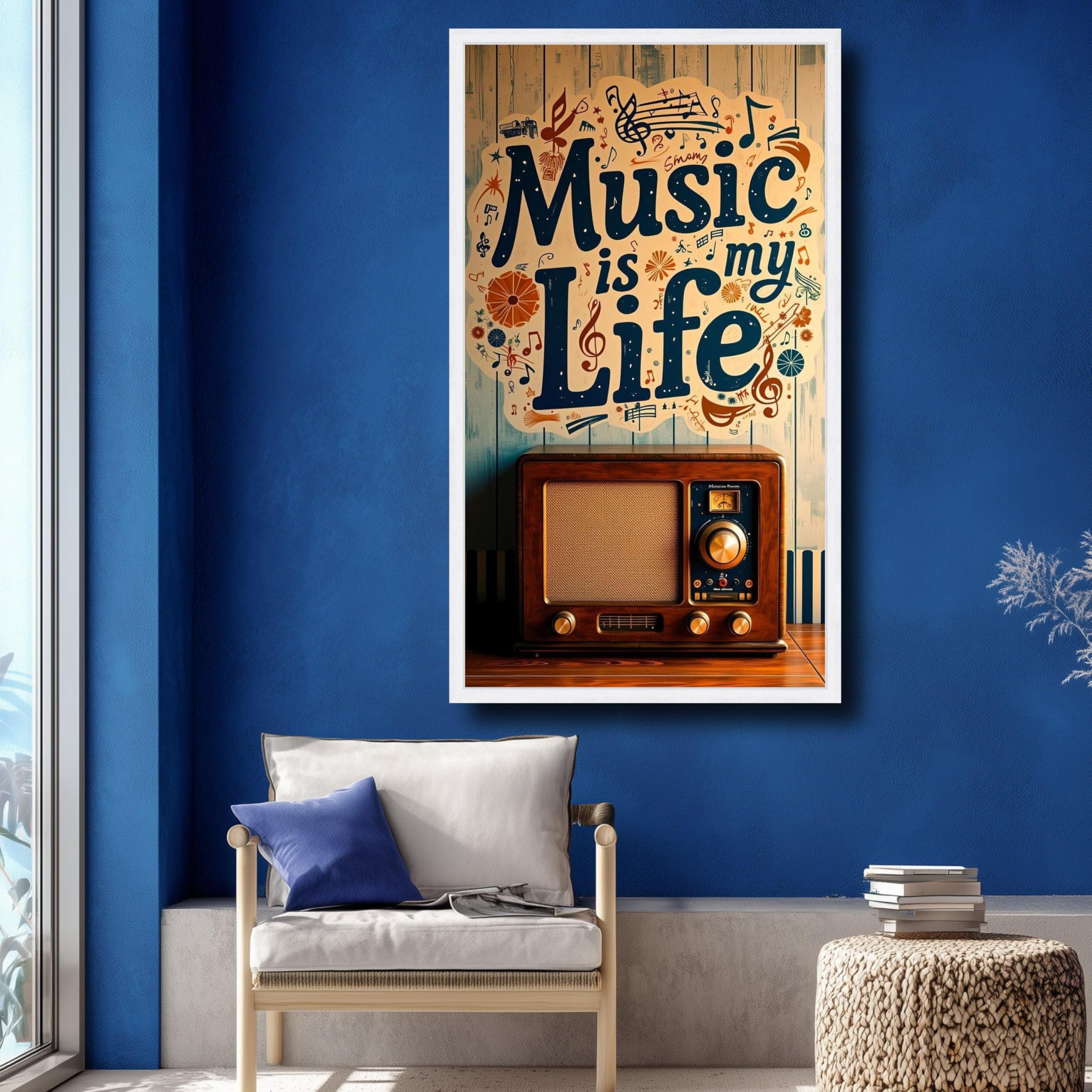 Radio d'epoca e la musica è la mia vita su tela, arte murale retrò, decorazione per amanti della musica, dipinto con citazione musicale, decorazione per la stanza di casa (60x105 cm/cornice interna)