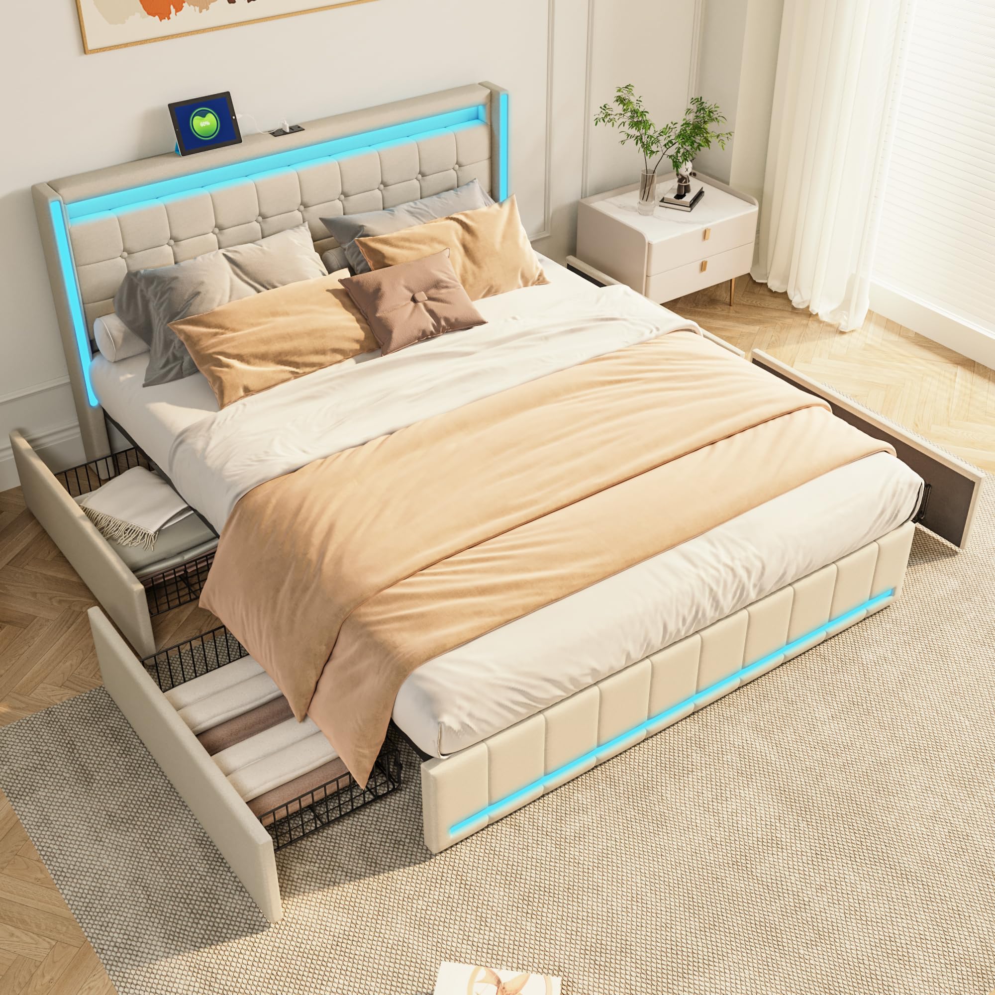 Letto Matrimoniale Francese 140x190 con 4 Cassetti Contenitore, Struttura Letto una Piazza e Mezza Imbottito in Tessuto di Lino con Luci LED e Porte USB/Type-C, Rete a Doghe, Beige, Nessun materasso