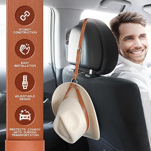 Miniatura 4 de Perchero para sombreros de vaquero para camiones y automóviles - Percha de cuero para sombreros de vaquero para reposacabezas de camión, organizador