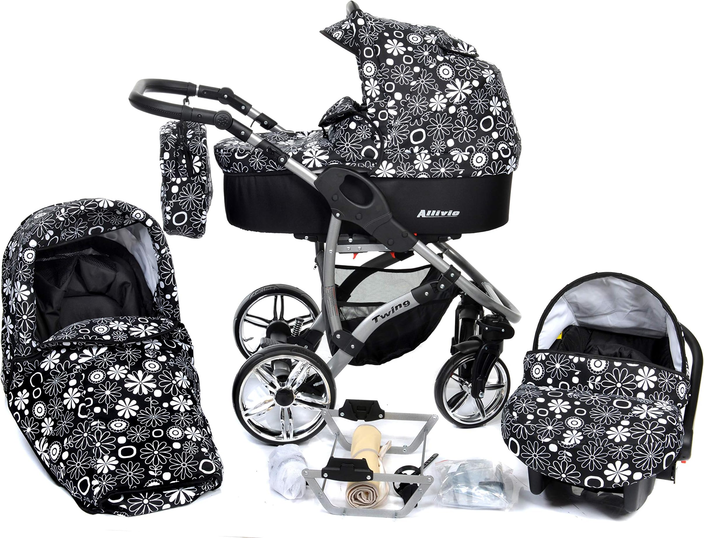 ALLIVIO, 3-in-1 Travel System with Baby Pram, Car Seat, Pushchair & Accessories (3in1 Travel System -Baby tub, Sport seat, Car seat, Black & Flowers)