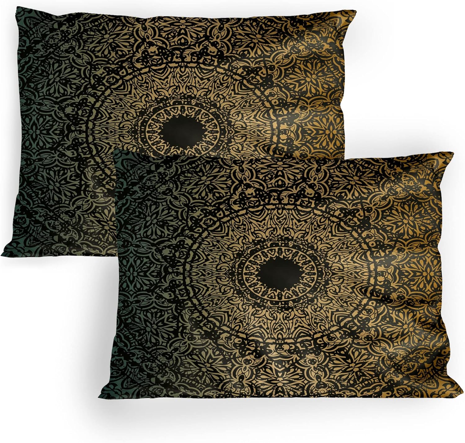 Lunarable Mandala Pillow Sham Set of 2, Round Design Detailed Floral Pattern in Earthy Tones, Quality Microfiber Bedding Item for All Seasons, 26" x 20", Fern Green Yellow Black