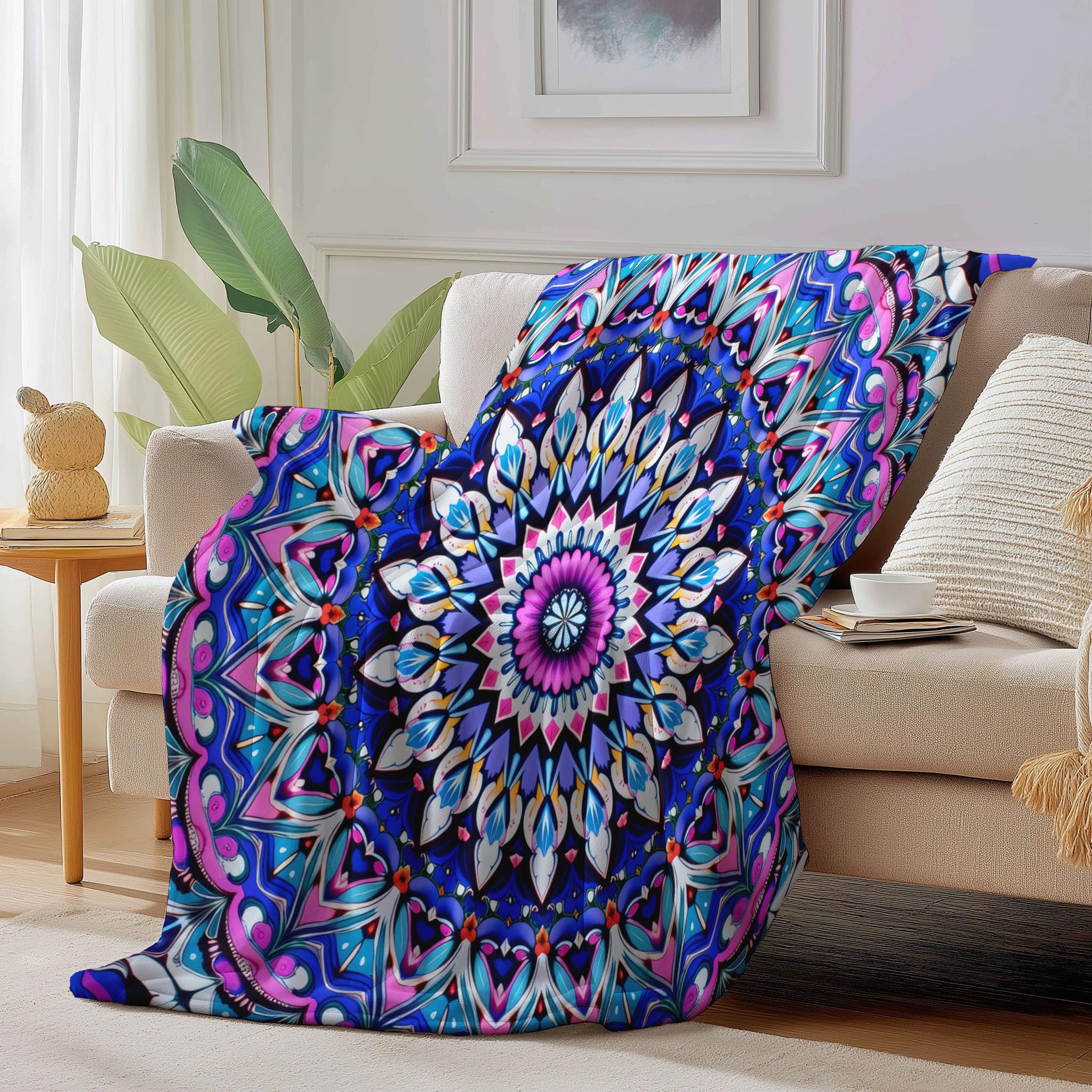 Plaid flanelle chaud et doux couverture mandala 3D bleu-violet pour lit de salon