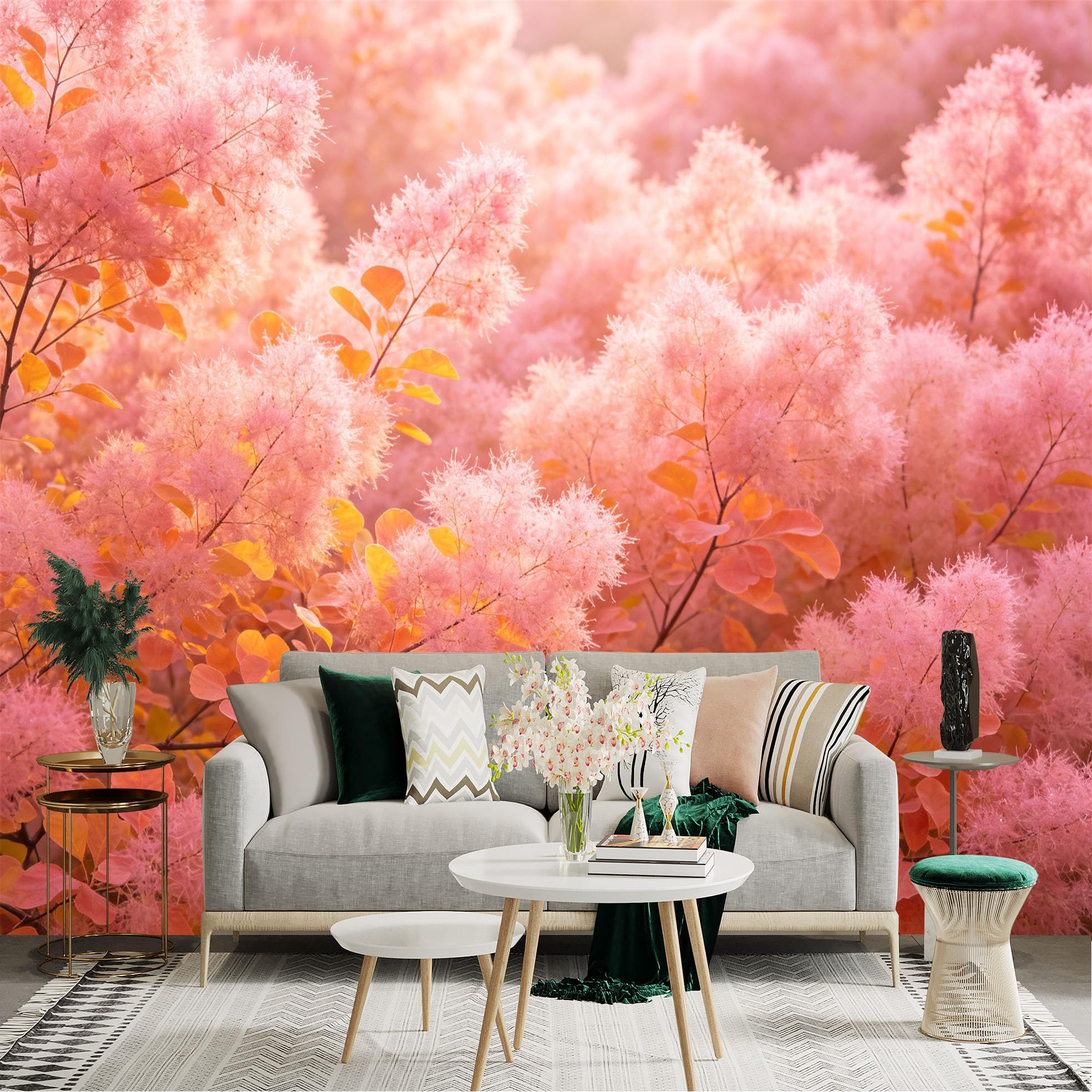 Lnzczhyre Dbh260521408 Custom Size Wall Sticker Mural， Fluffy Pink Smoke Tree Branches， Vibrant Soft Floral Background， Abstract Botanical Art， For Wall Decoration， Peelandstick Wall Decals.