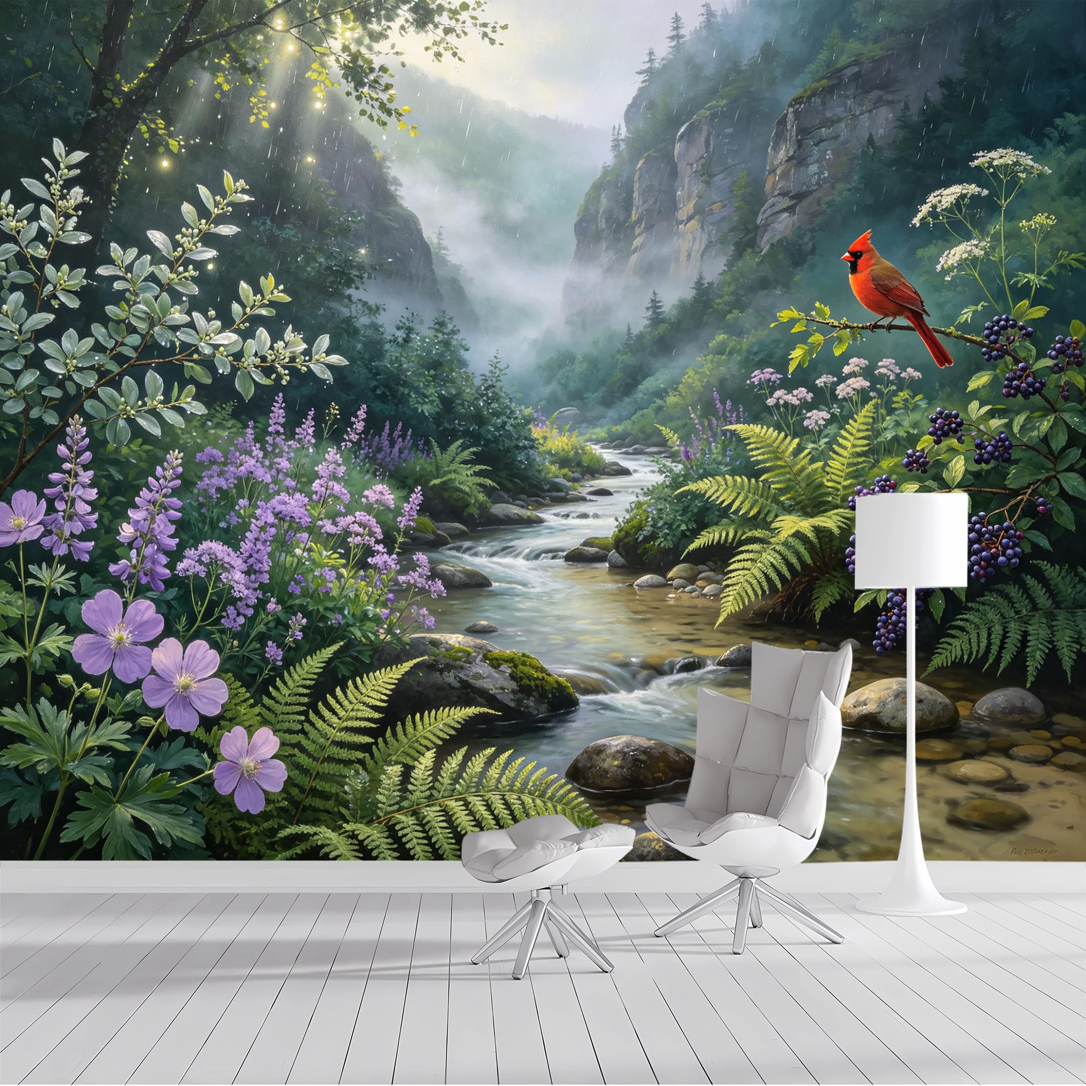 Custom Size Wall Mural Lush Forest Stream Cardinal Watercolor Painting SelfAdhesive Wall Fabric Removable Peel and Stick Wallpaper Wall Decor for Living Room Bedroom Bathroom