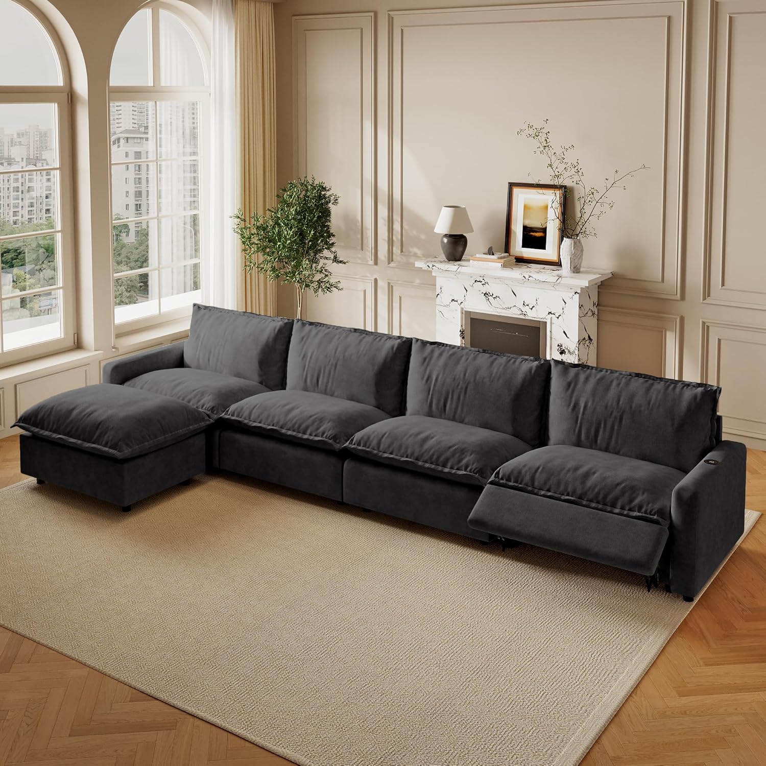 WJShome 149''Modular Sectional Sofa with Power Recliner Chair, 4-Seater with Ottoman Sofa Deep Seat Soft Couch,Reclining Couch with USB/Type C and Wireless Charging //Heatable Seat Cushion, Gray