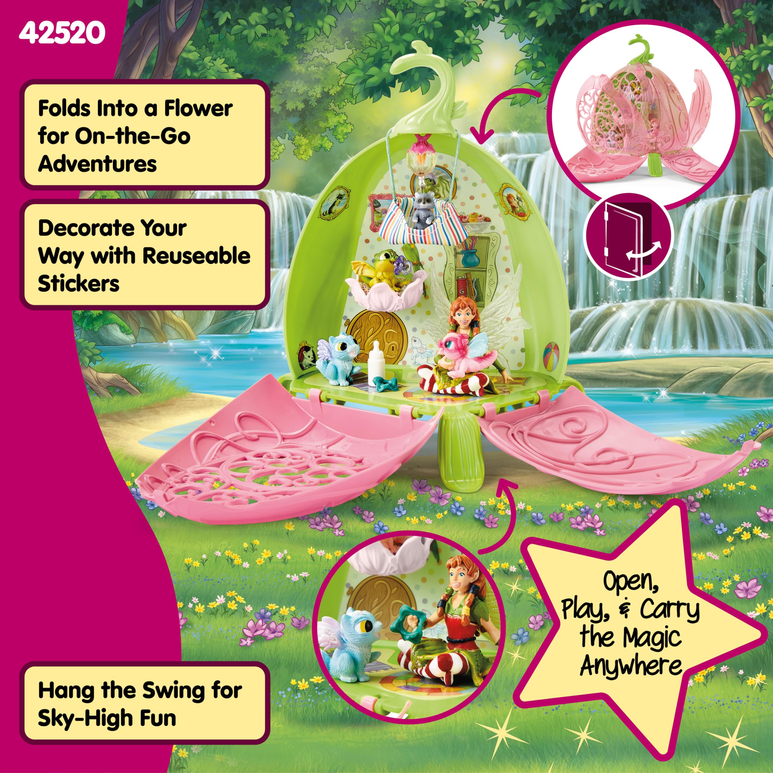 schleich BAYALA | Asilo magico di Marween 42520 | set con l’elfa Marween, 2 cuccioli di drago, gattino alato e procione | fiore richiudibile e trasportabile con accessori | dai 5 anni in su | 19 pezzi
