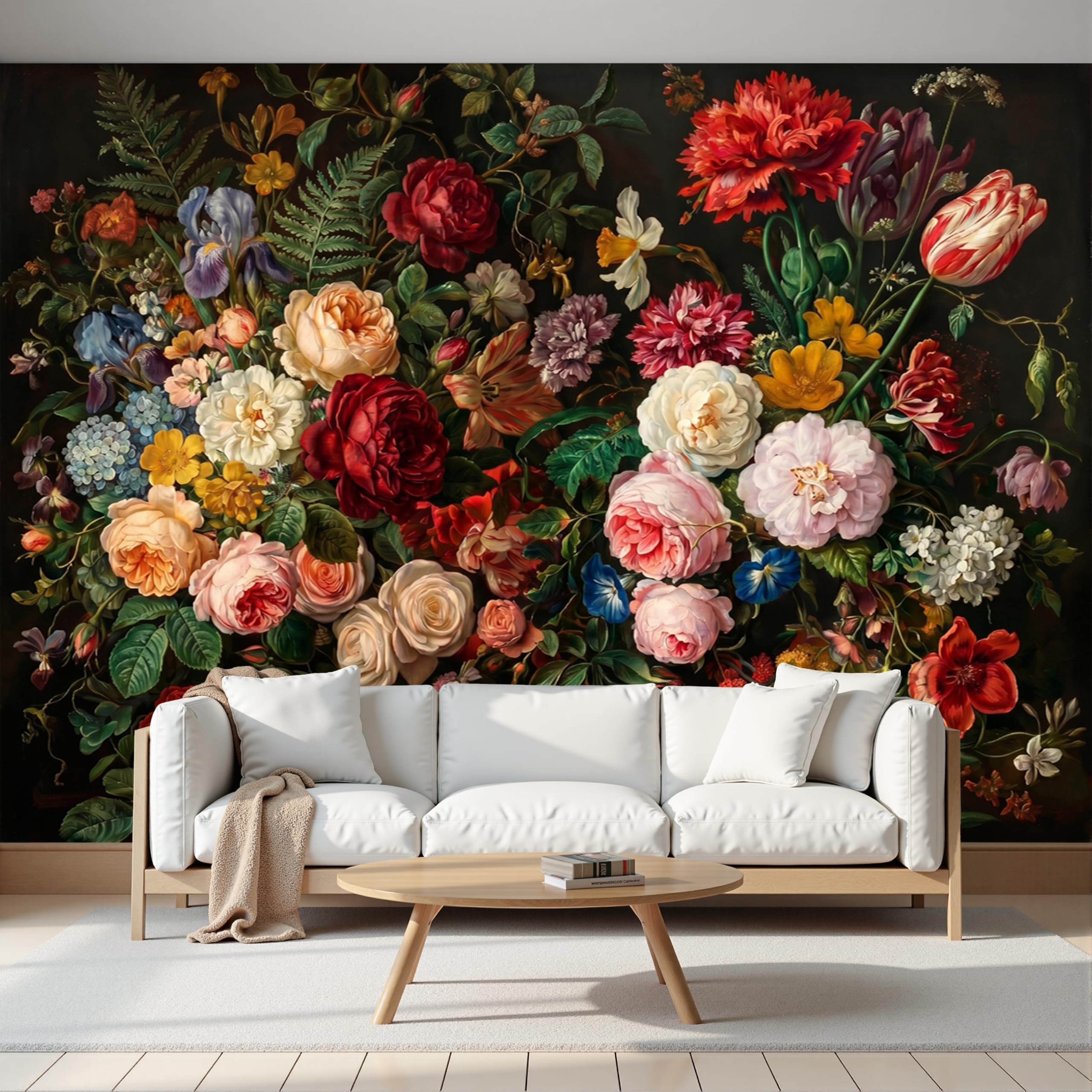 Margarita rosa en papel pintado floral para decorar la pared de su sala
