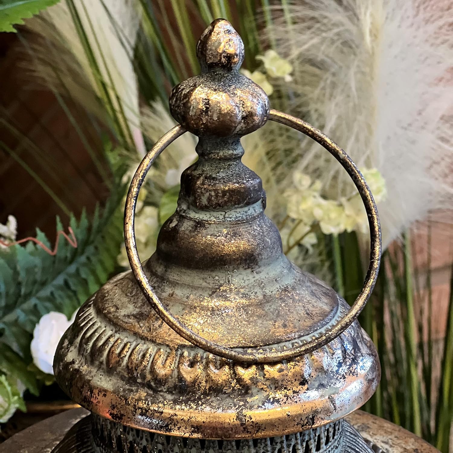 Moroccan Metal Temple Lanterns, Luxury Floor Hurricanes, Set of 2, for LED or Wax Candles, Sealed Iron, Antiqued Patina, Hinged Top, 29 and 22 Inches, the Global Chic Collection