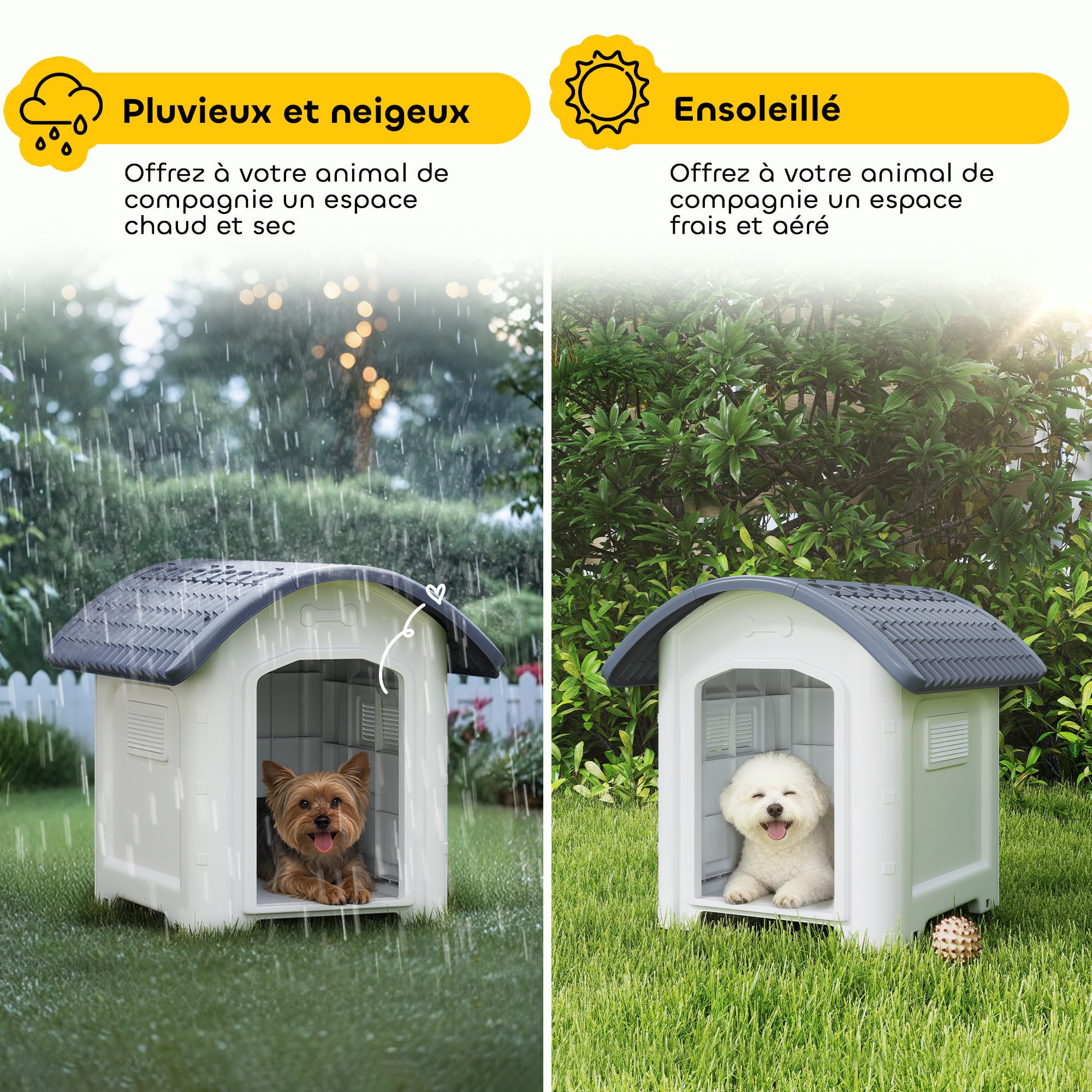PawHut Niche pour Chien extérieur en polypropylène imperméable, ventilé, Maison Chien extérieur, Plancher surélevé et Amovible, bouches d'aération, pour Jardin, terrasse, intérieur, Gris