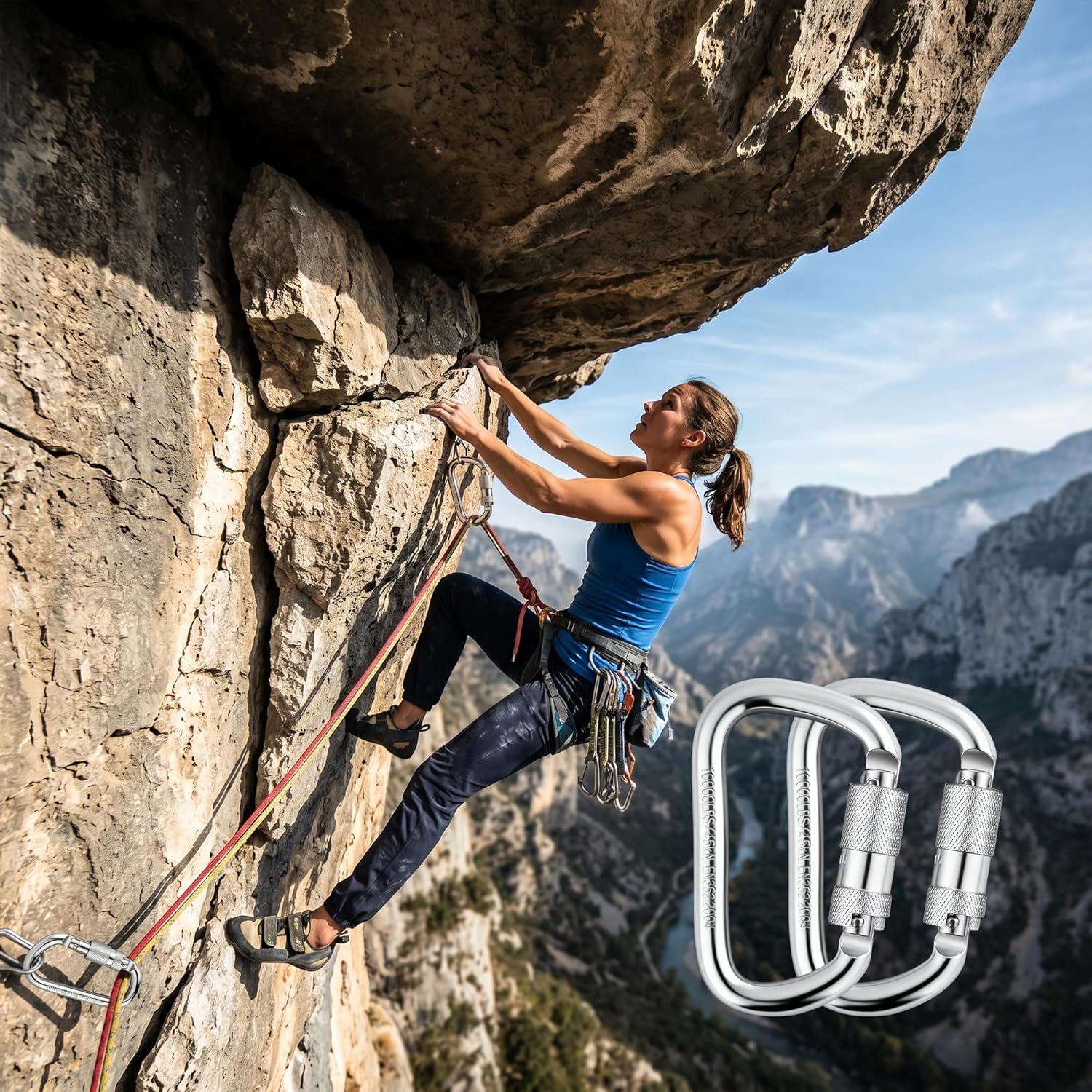 45kN(10000lbs) Auto Locking Carabiner, Heavy Duty Steel Climbing Carabiner, D-Shape Twist Lock Carabiner Clip for Rock Climbing, Rappelling, Aerial Work, Hunting, Rescue, Arborist
