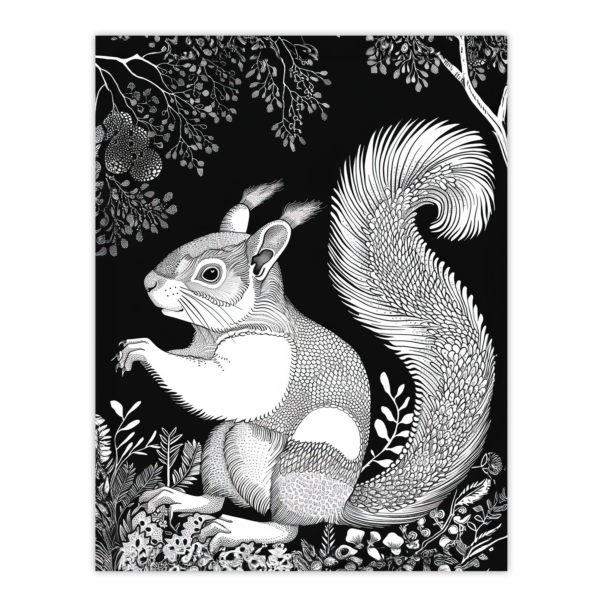 Artery8 Happy Squirrel in Trees Black and White Drawing Living Room Large Wall Art Poster Print Thick Paper 18X24 Inch