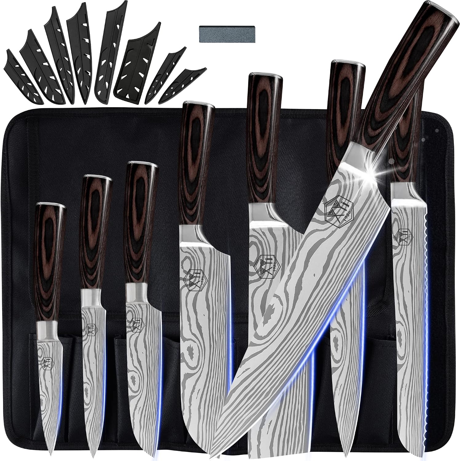 XYJ Set of Knives 8-pieces Stainless Steel Kitchen Knife Vegetable Nakiri Knife Meat Ham Steak Bread Slice Knives With Carry Roll Bag Chef Tools Set (Coffee)