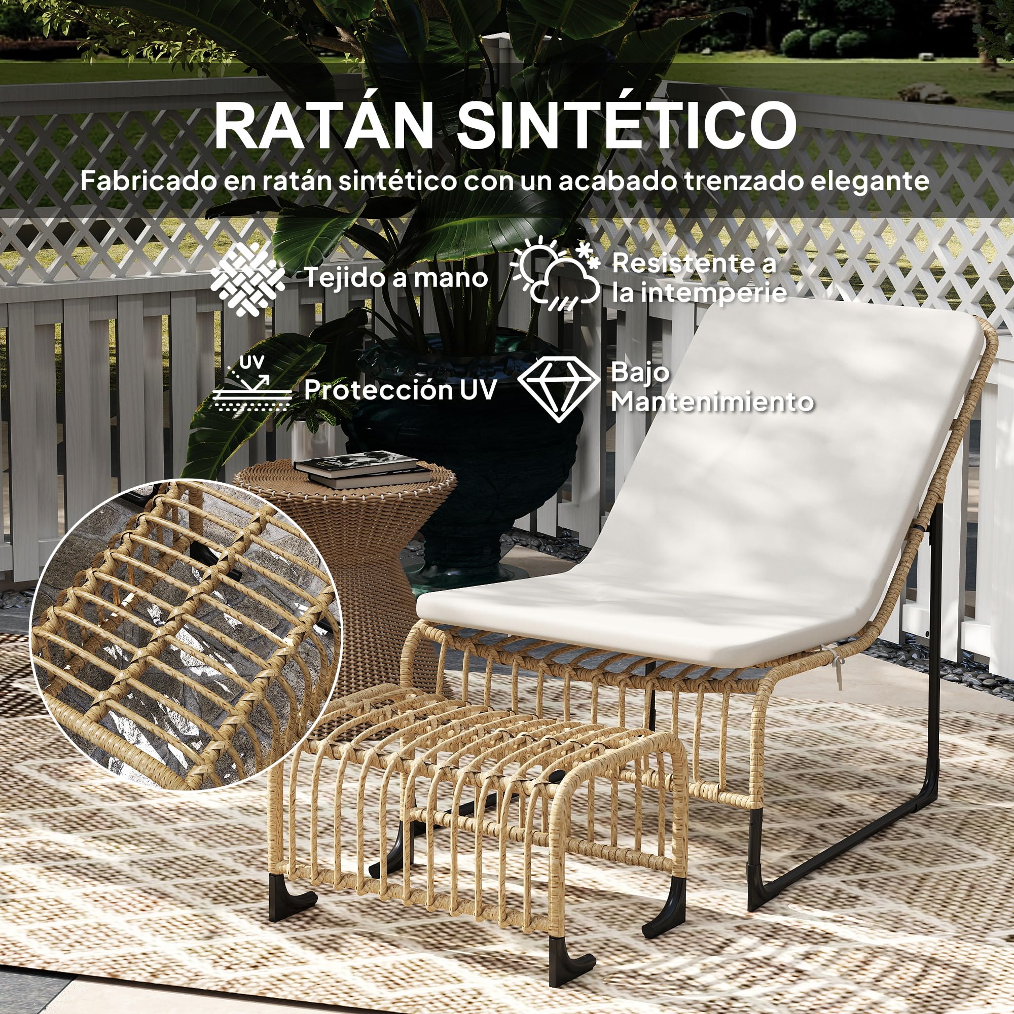 Outsunny Conjunto de Sillón de Jardín con Reposapiés de Ratán Sintético, Sillón para Exterior con Estructura de Acero y Cojín Acolchado, Natural y Beige