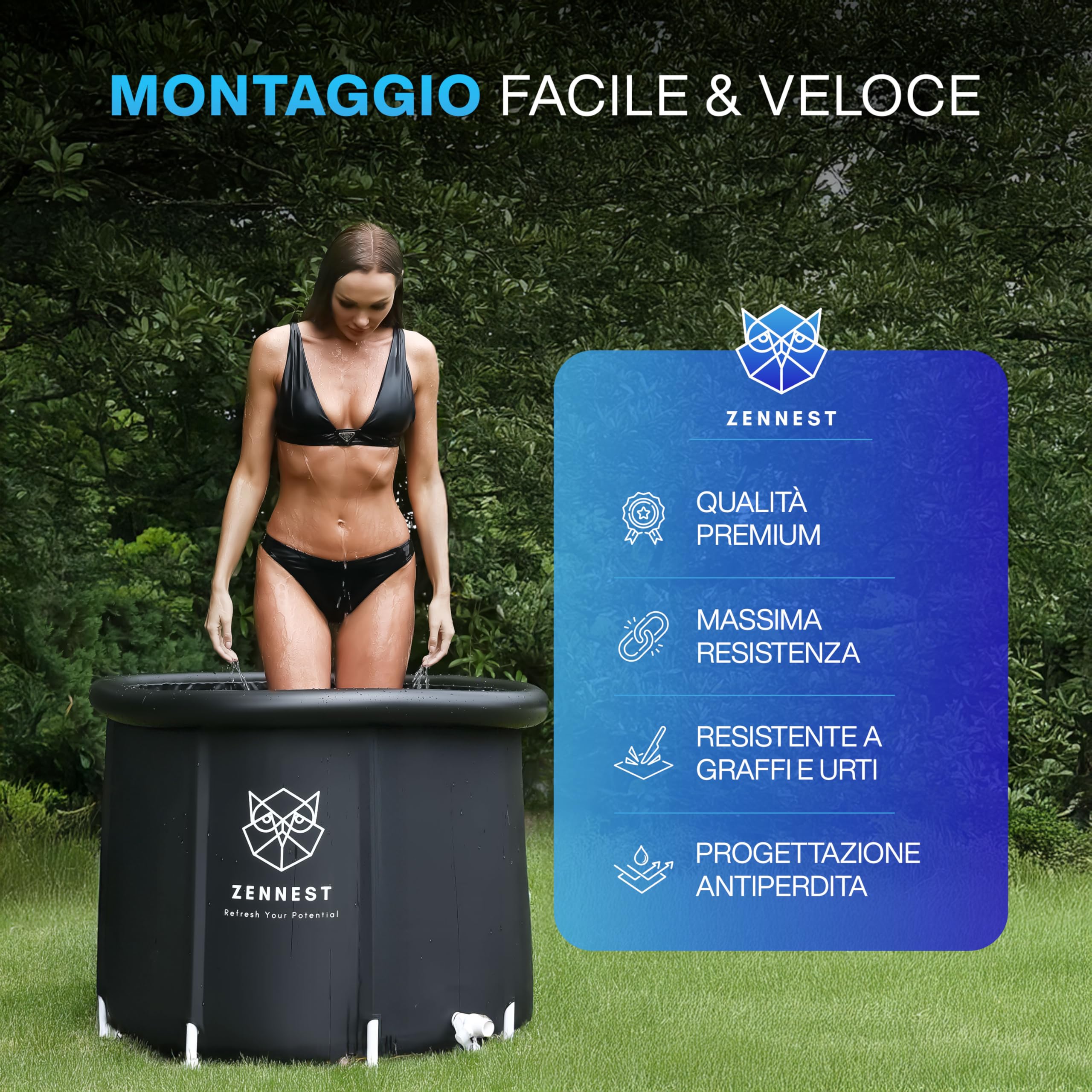 Vasca Ghiaccio 90 cm – XL Ice Bath Esterno con Isolamento a 6 Strati, Vasca Gonfiabile per Doccia Adulti, Portatile Ice Tub per Crioterapia e Ingegneria Tedesca, eBook Incluso