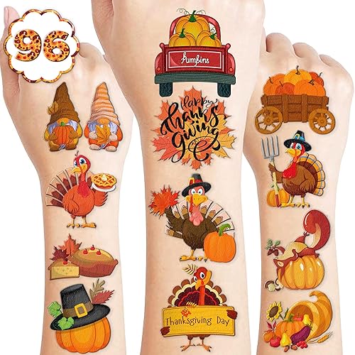 96 calcomanías de tatuajes temporales de Acción de Gracias, Hola otoño, decoración de fiesta de cumpleaños, suministros de decoración, regalos de