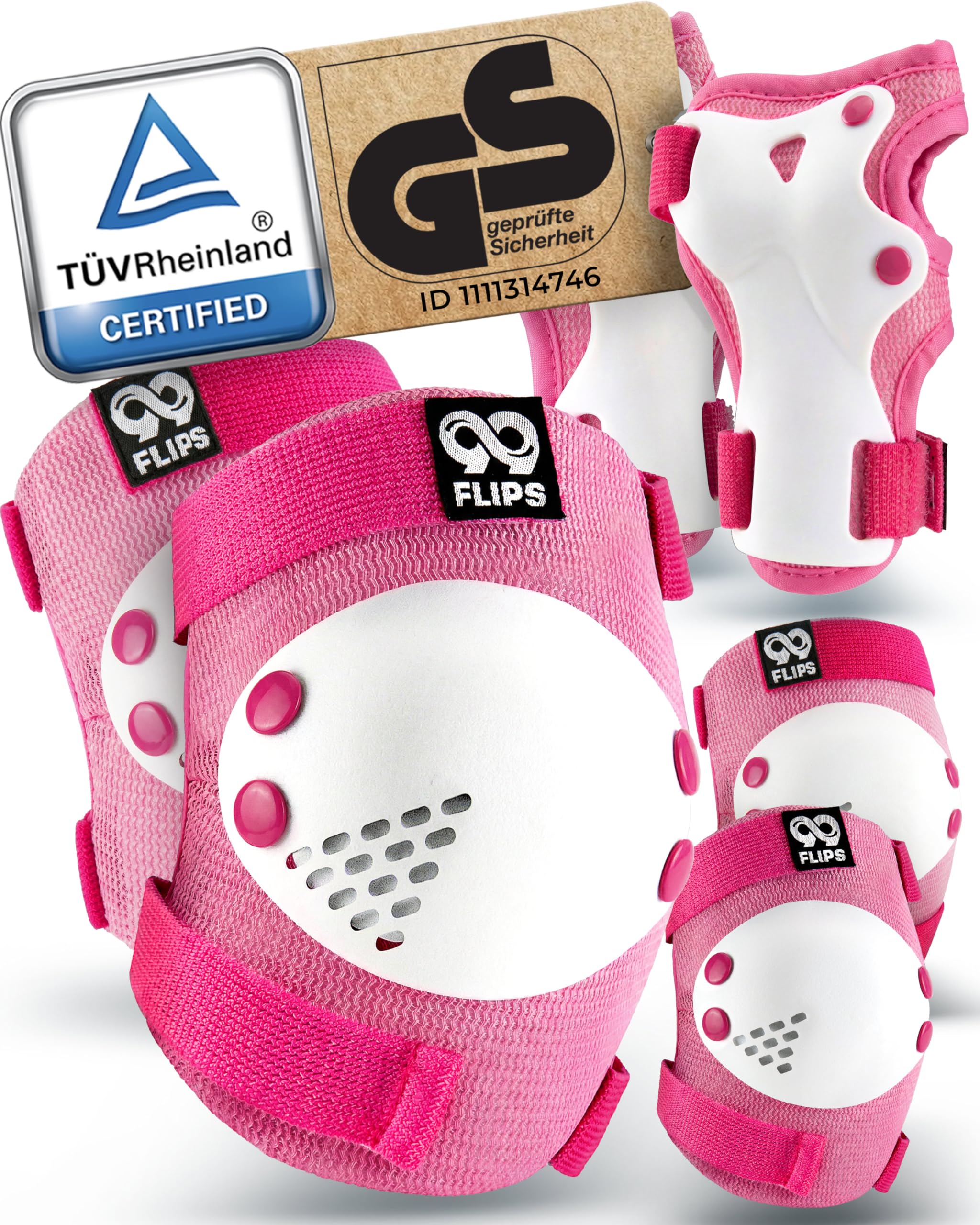 99FLIPS Kids Knee and Elbow Pads for Children - Kids Knee Pads Skating - Wrist Guards - RISE - Size SM - PINK WHITE - Skateboard, Scooter, Inline Skates
