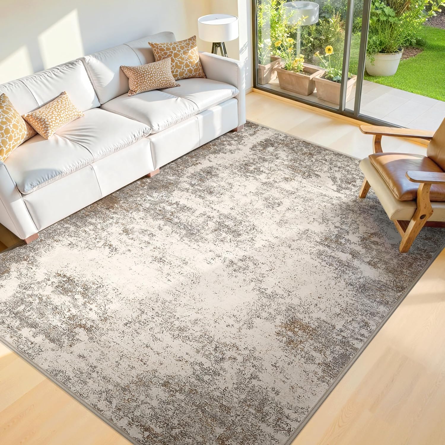 5x7 Washable Area Rugs - Modern Abstract Rugs for Living Room Non-Slip Low Pile Soft Machine Washable Carpet for Bedroom, Dining Room, Nursery, Home Office, Farmhouse (5'x7' Brown Grey)
