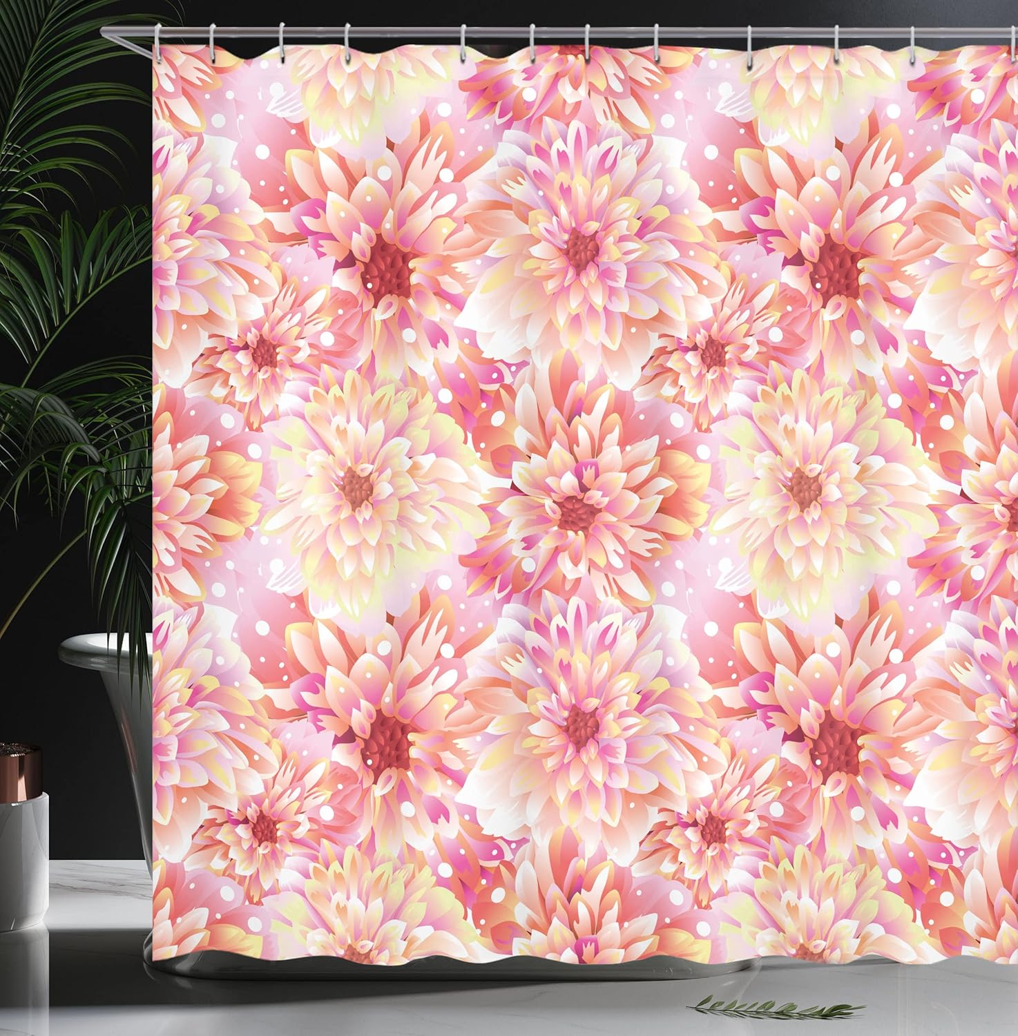 Ambesonne Dahlia Flower Shower Curtain, Double Apple Blossom with Overlap Axis and Twist Bluntly Circle Pompons, Cloth Fabric Bathroom Decor Set with Hooks, 69" W x 75" L, Pink Yellow