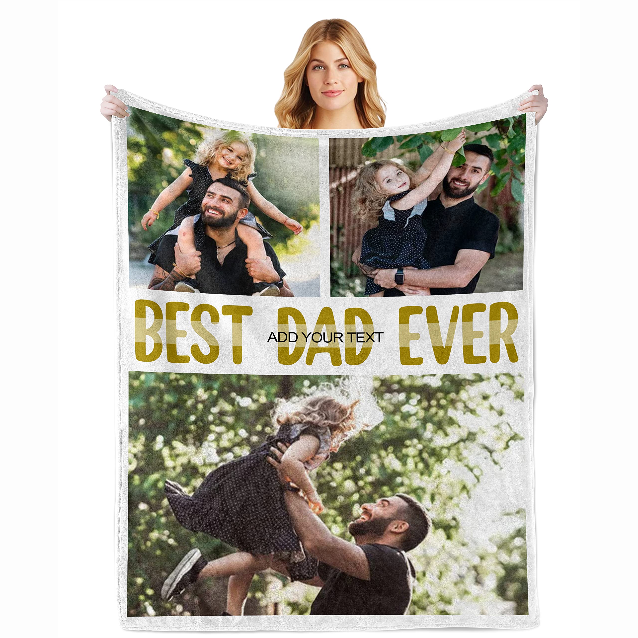 Ecautly Personalized Photos Blankets for Dad from Daughter Son Wife, Custom Blanket with Text Picture Collage, Customized Throw Blankets, Birthday