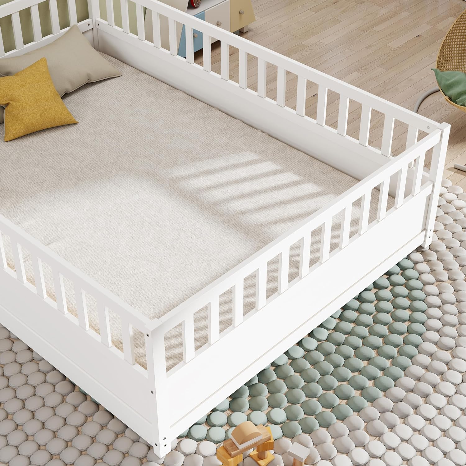 Full Size Floor Bed with Slats, High Fence and Door, Kids Floor Bed Full Size, Full Size Montessori Floor Bed for Kids, Girls, Boys, White Montessori Bed Full Size(White Full)