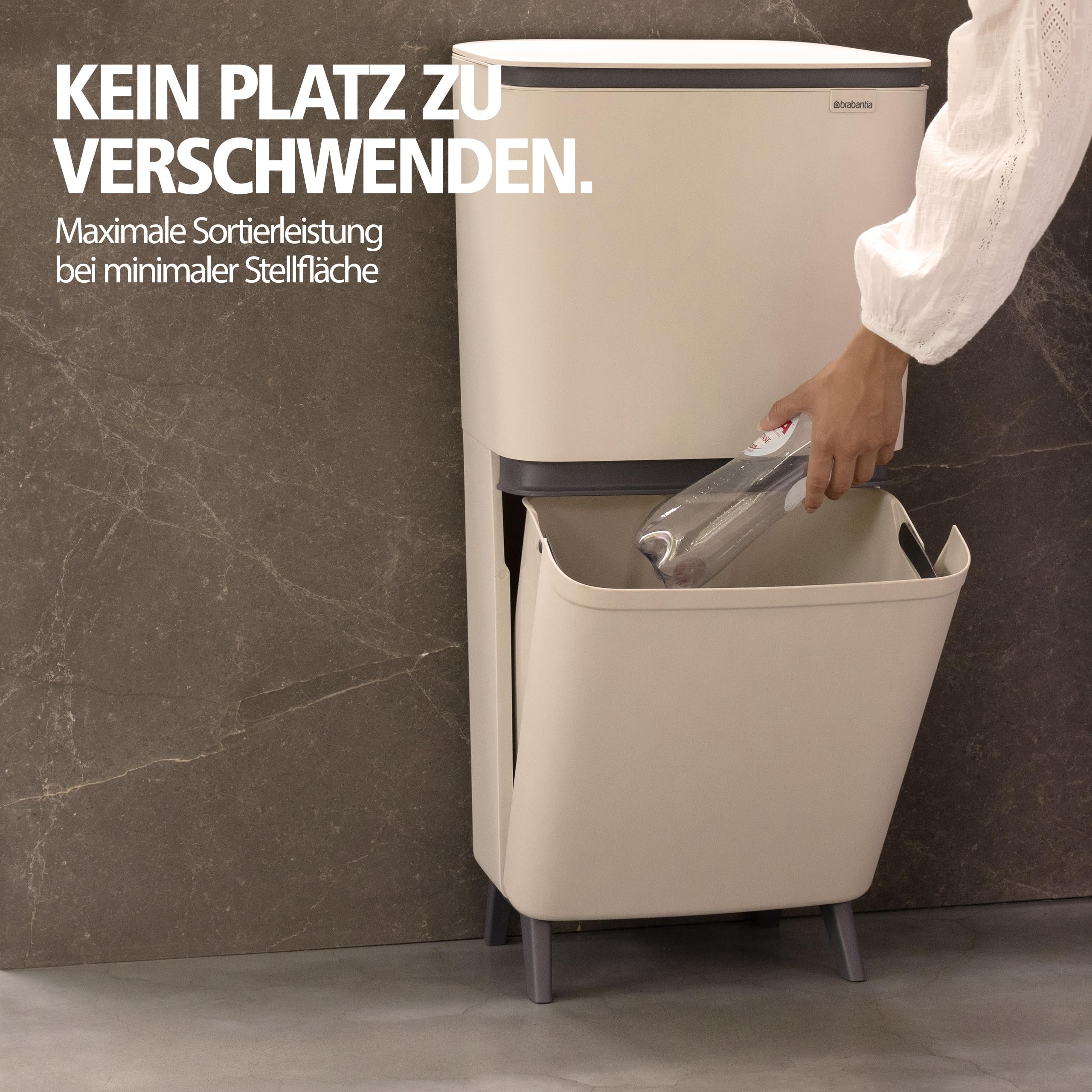 Brabantia SortUp Abfalleimer Hi 10+10+25 (Soft Beige), Mülleimer mit Deckel mit herausnehmbaren Behältern, schlankes Mülltrennsystem für die Küche mit sanft schließendem Deckel